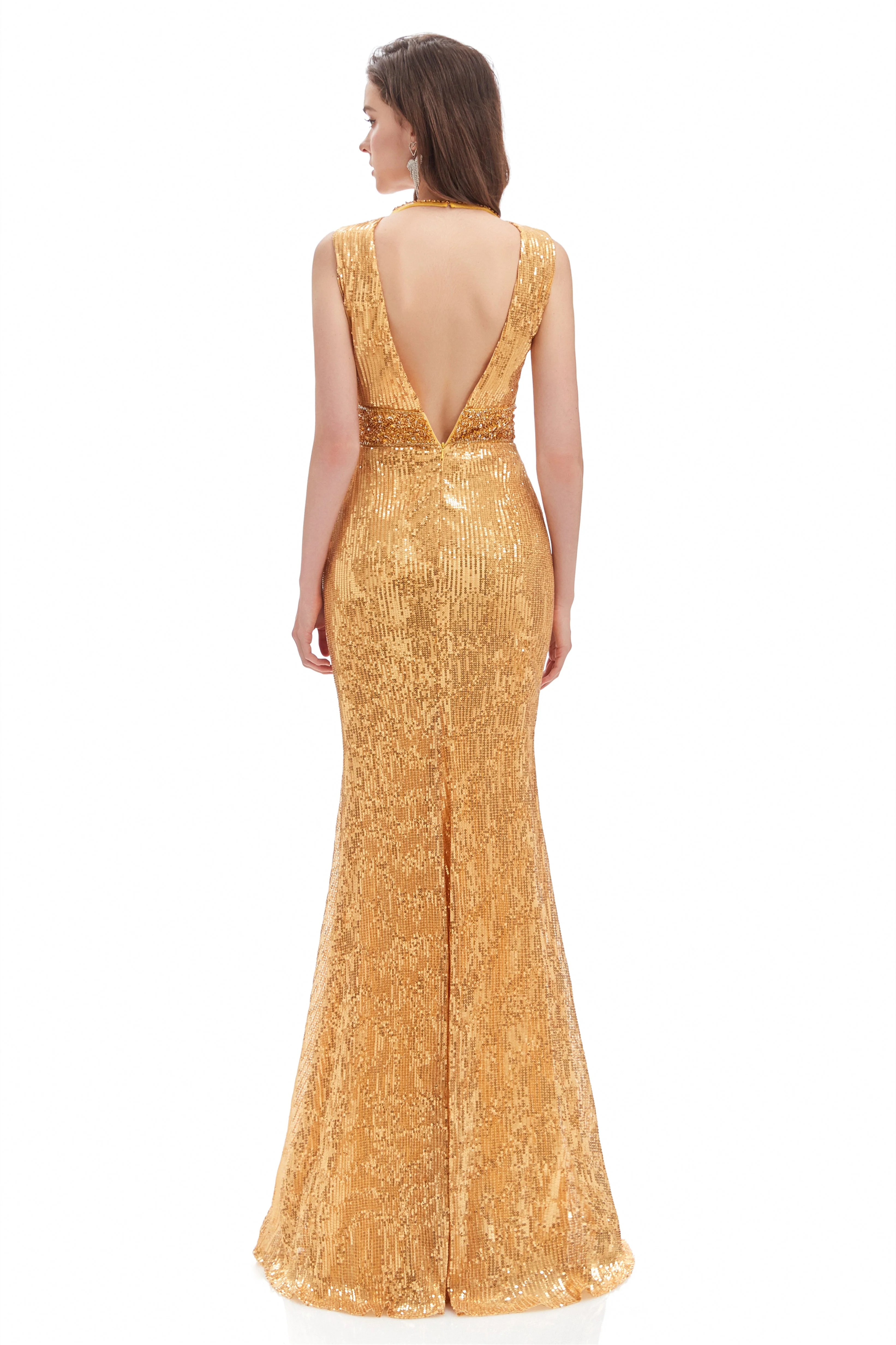 Mermaid V-neck High Split Sequined Floor-length Sleeveless Prom Dress - Image 2