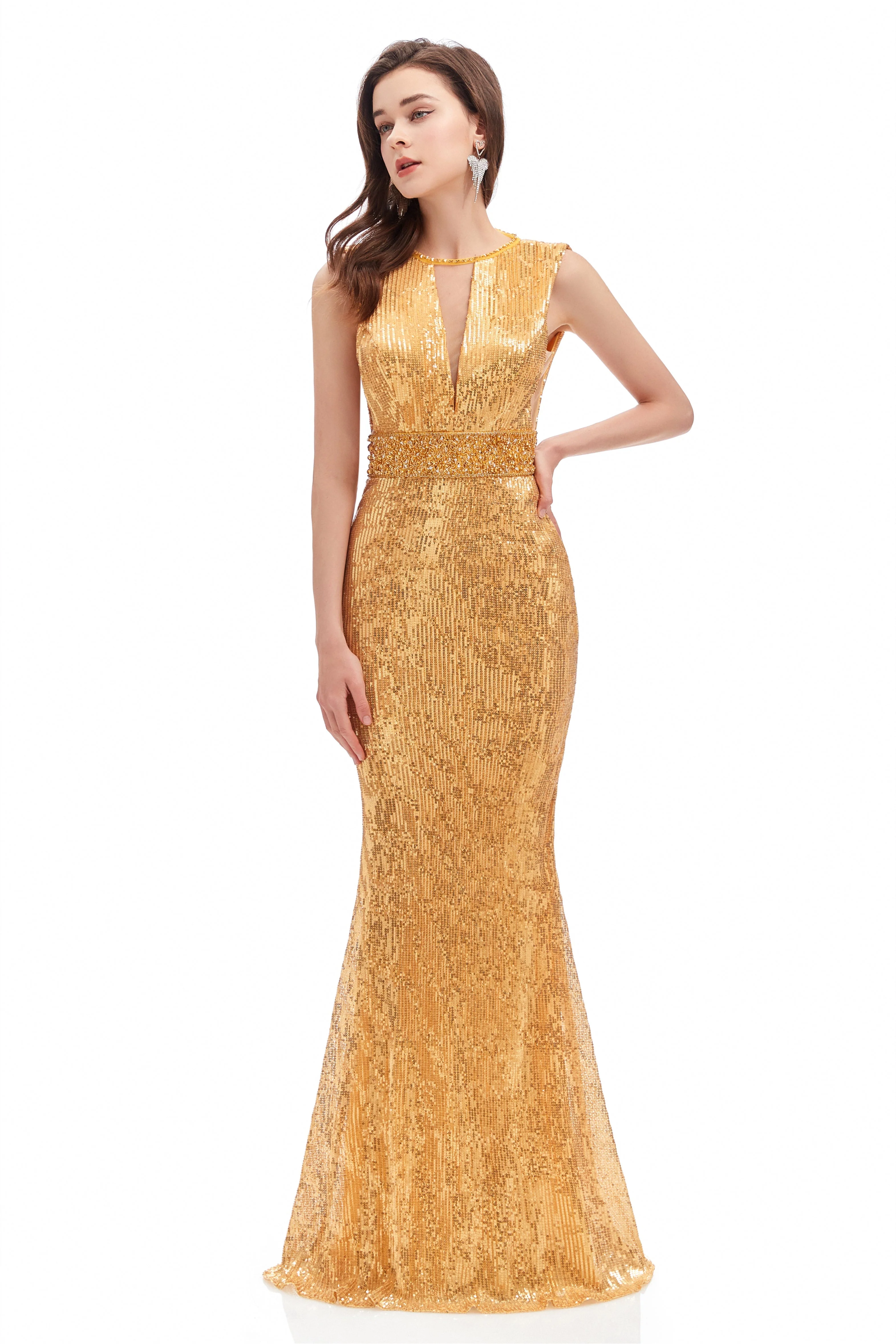 Mermaid V-neck High Split Sequined Floor-length Sleeveless Prom Dress - Image 3