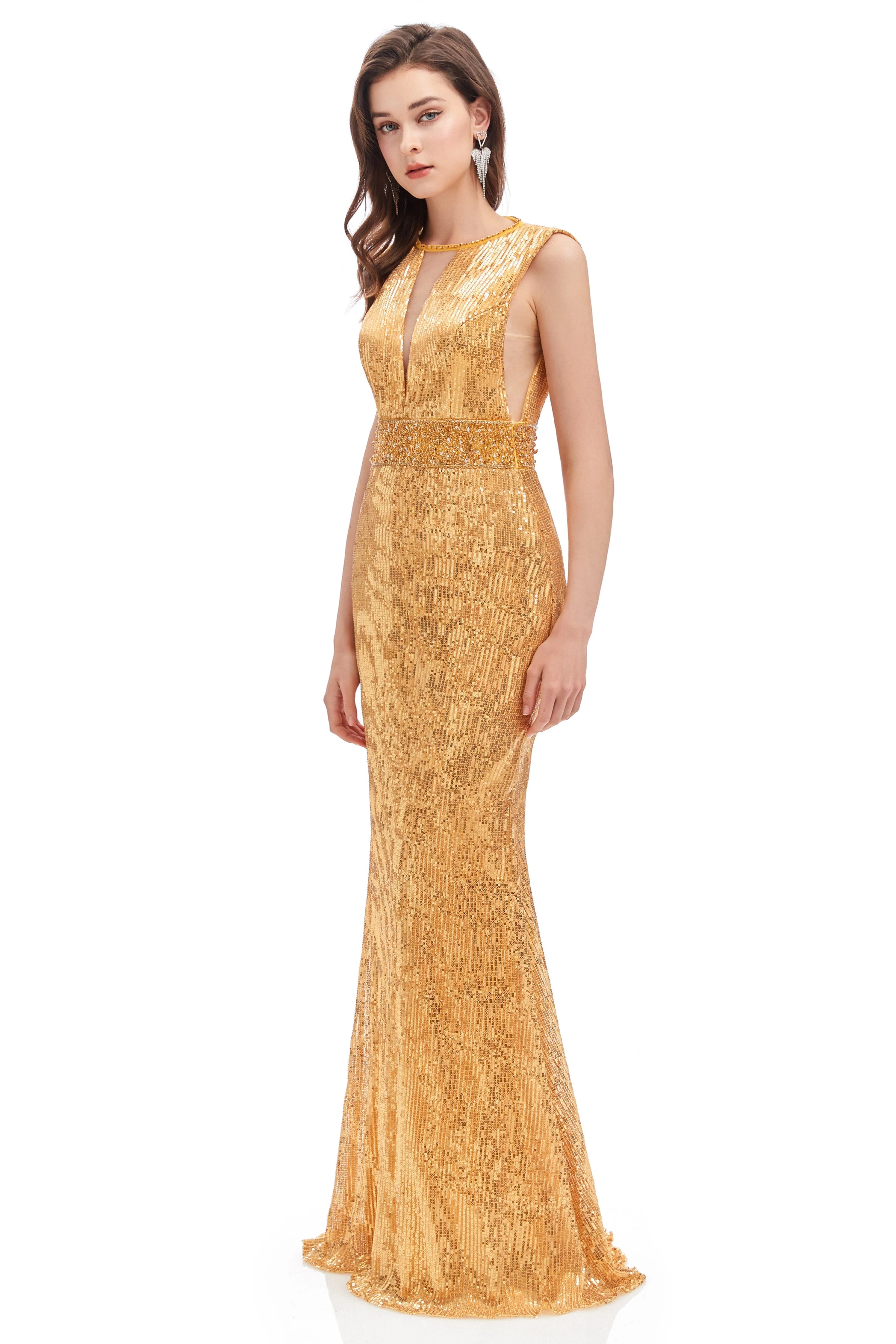 Mermaid V-neck High Split Sequined Floor-length Sleeveless Prom Dress - Image 4