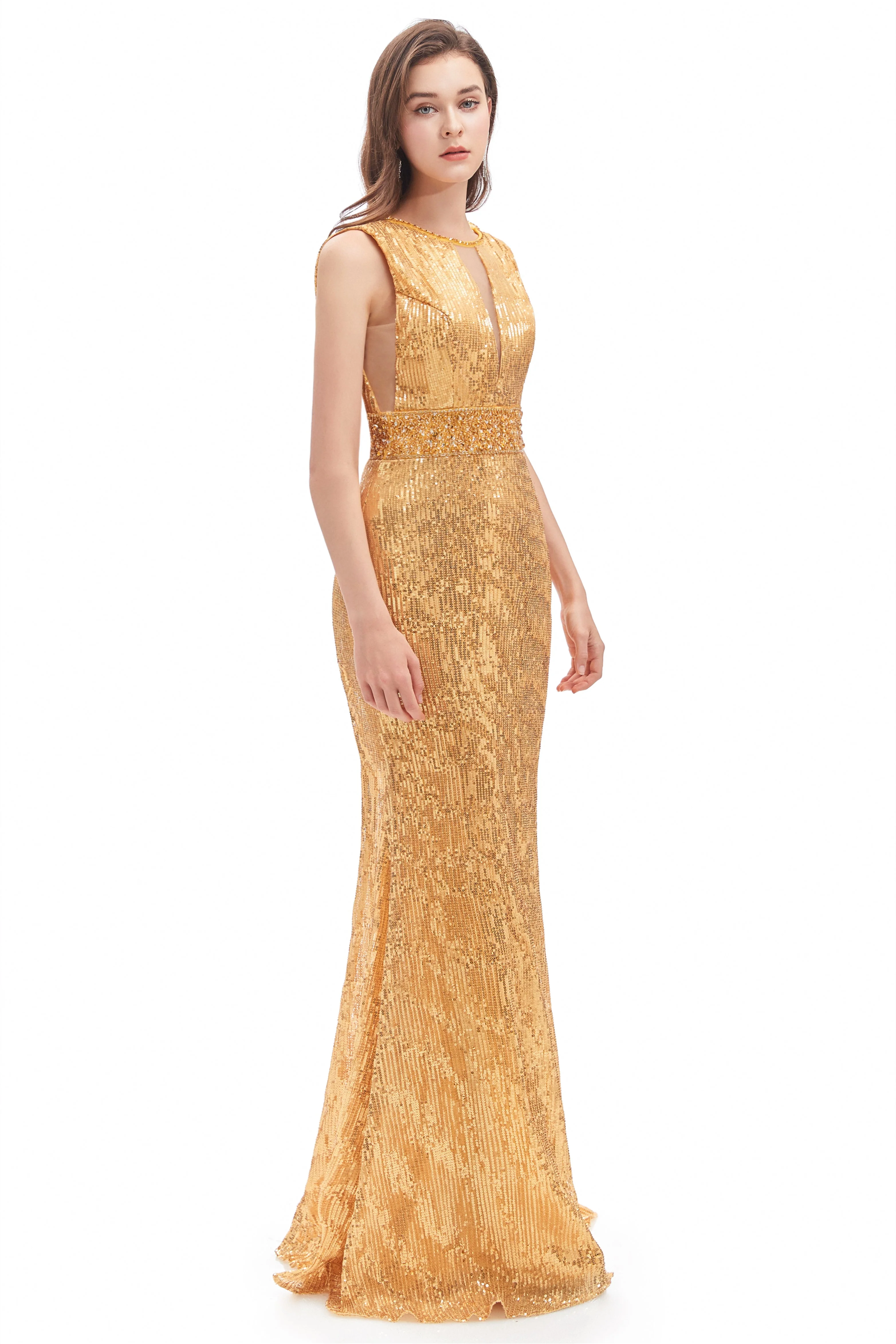 Mermaid V-neck High Split Sequined Floor-length Sleeveless Prom Dress - Image 5