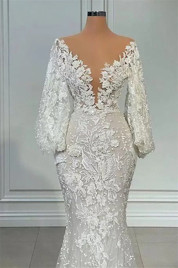 Mermaid V-neck Lace Floor-length Long Sleeve Applique Beaded Wedding Dress - Image 2