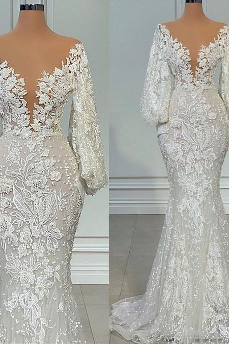 Mermaid V-neck Lace Floor-length Long Sleeve Applique Beaded Wedding Dress - Image 3