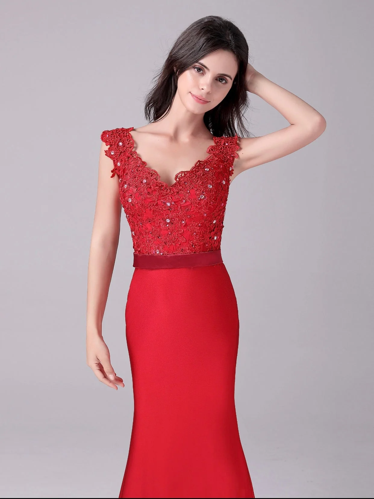 Mermaid V-neck Lace Floor Length Sleeveless Backless mother's dress - Image 3