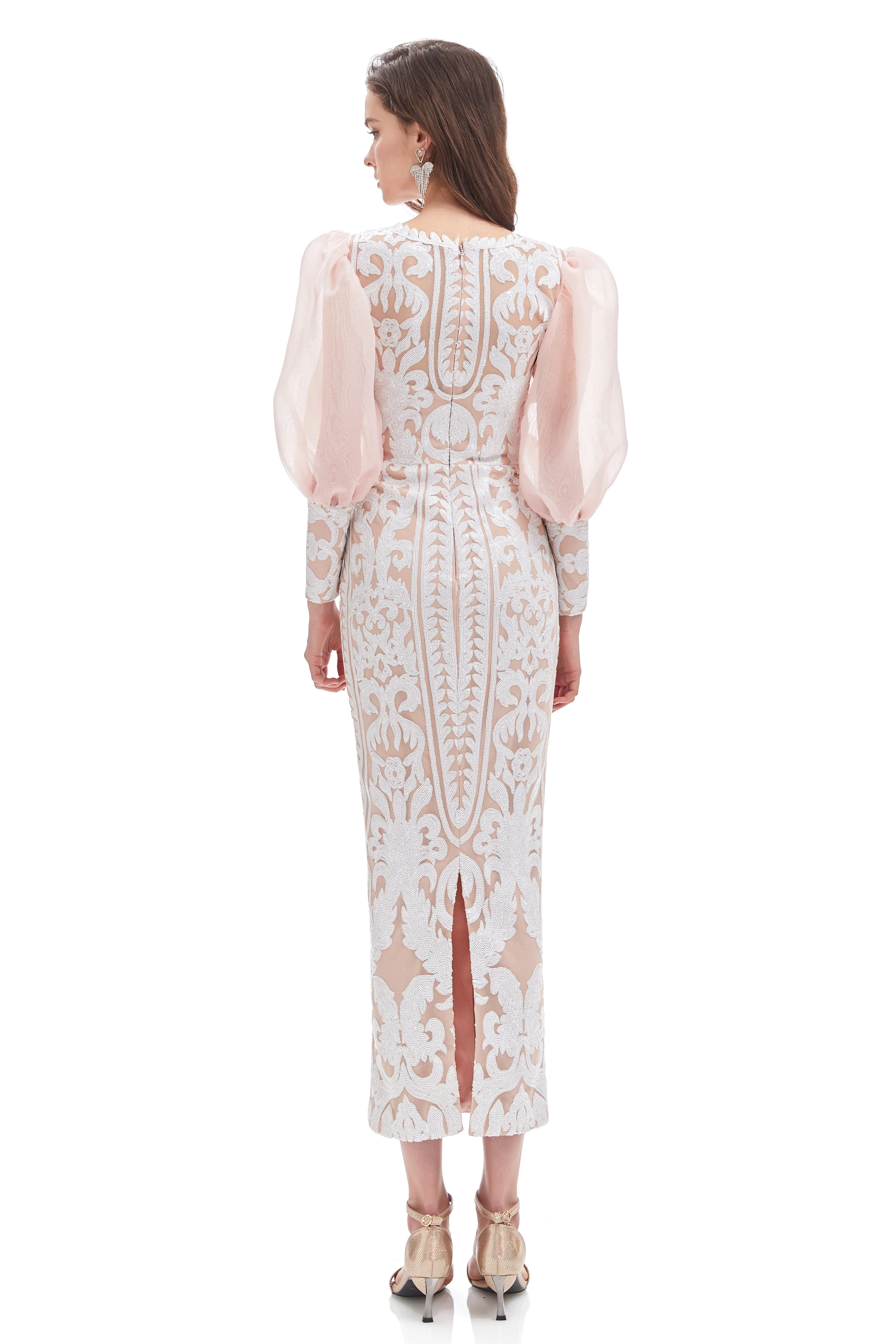 Mermaid V-neck Lace Sequined Floor-length Long Sleeve Bubble Sleeves Prom Dress - Image 10