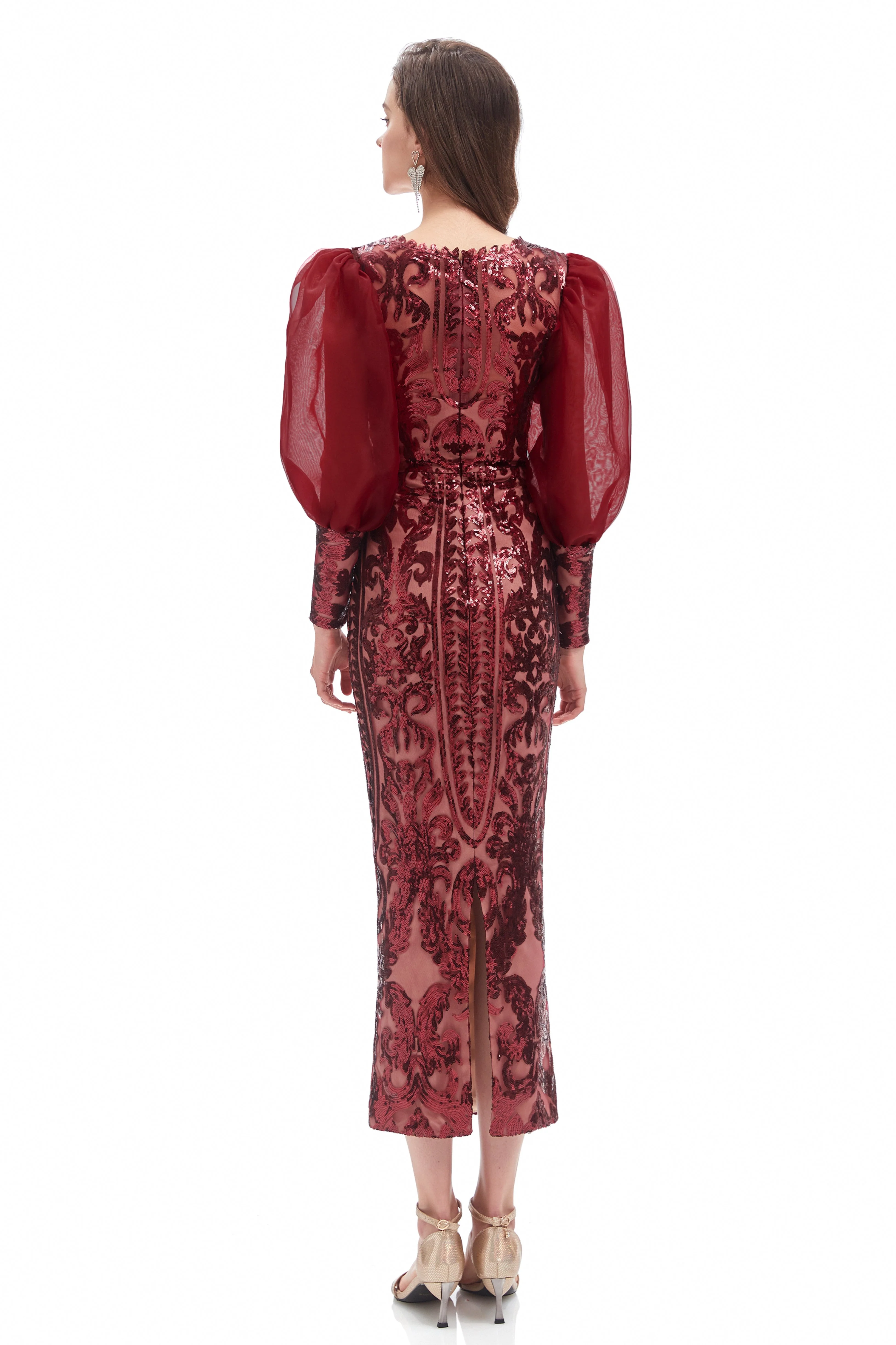 Mermaid V-neck Lace Sequined Floor-length Long Sleeve Bubble Sleeves Prom Dress - Image 12