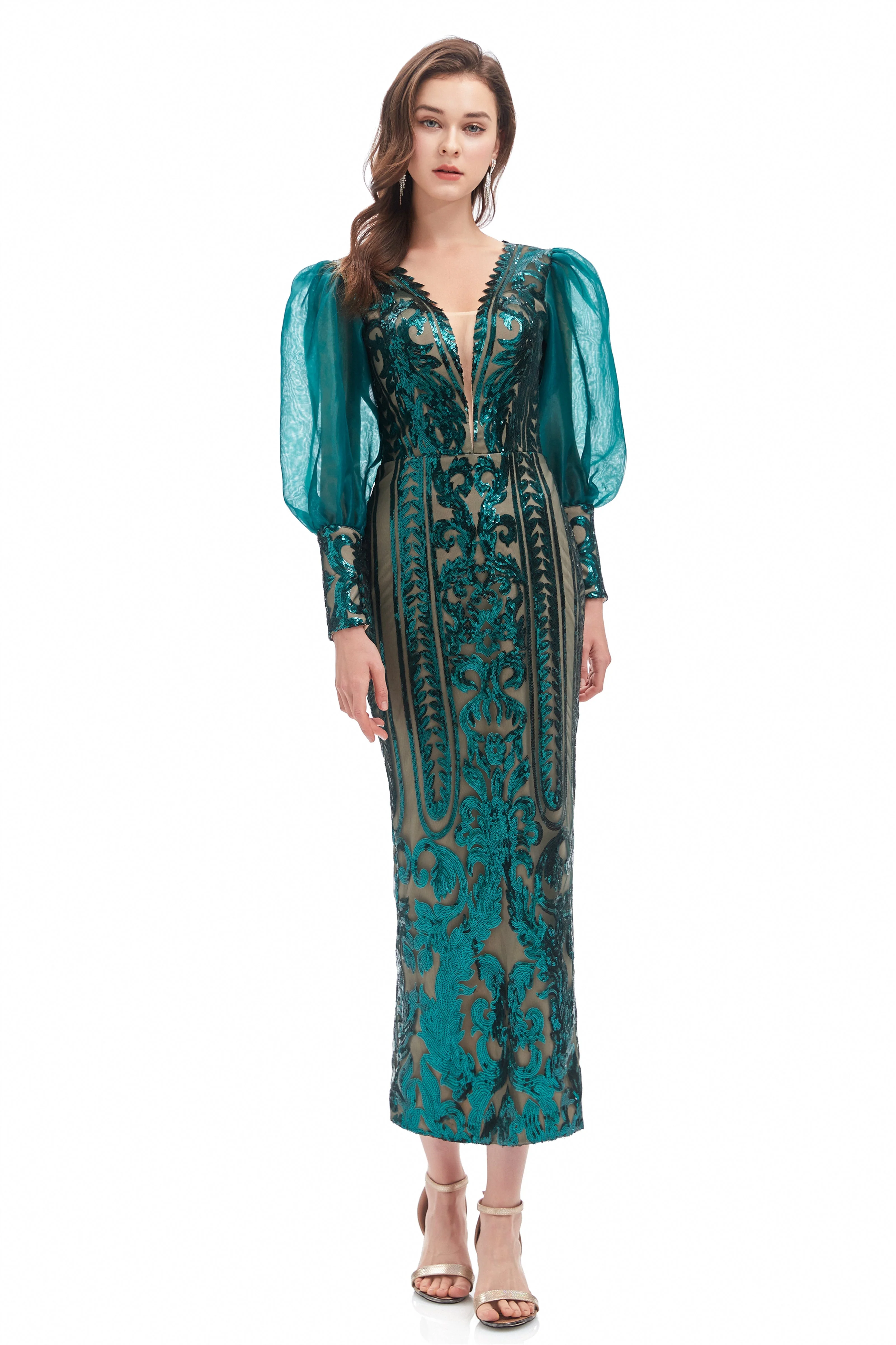 Mermaid V-neck Lace Sequined Floor-length Long Sleeve Bubble Sleeves Prom Dress - Image 13