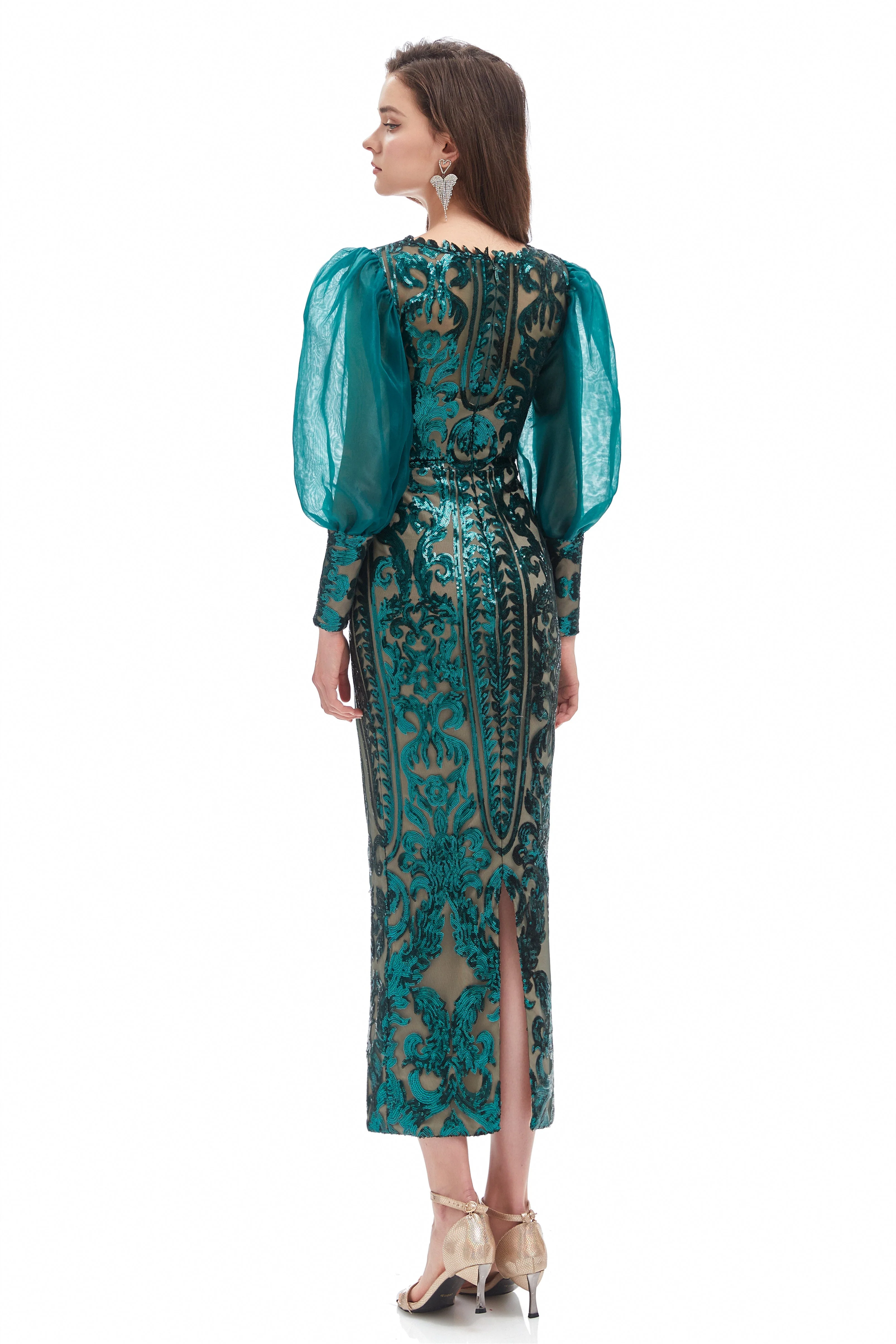 Mermaid V-neck Lace Sequined Floor-length Long Sleeve Bubble Sleeves Prom Dress - Image 14