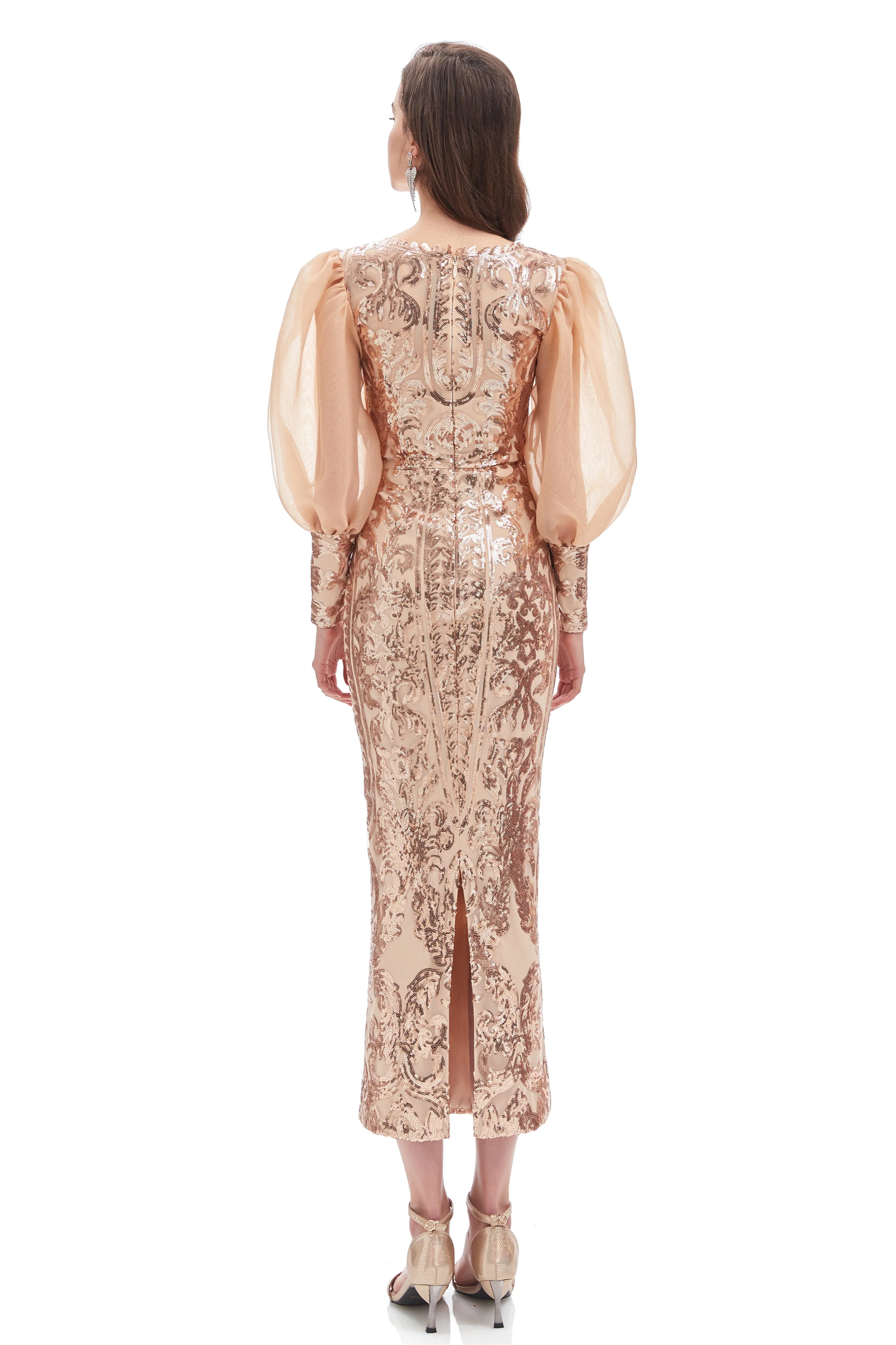 Mermaid V-neck Lace Sequined Floor-length Long Sleeve Bubble Sleeves Prom Dress - Image 2