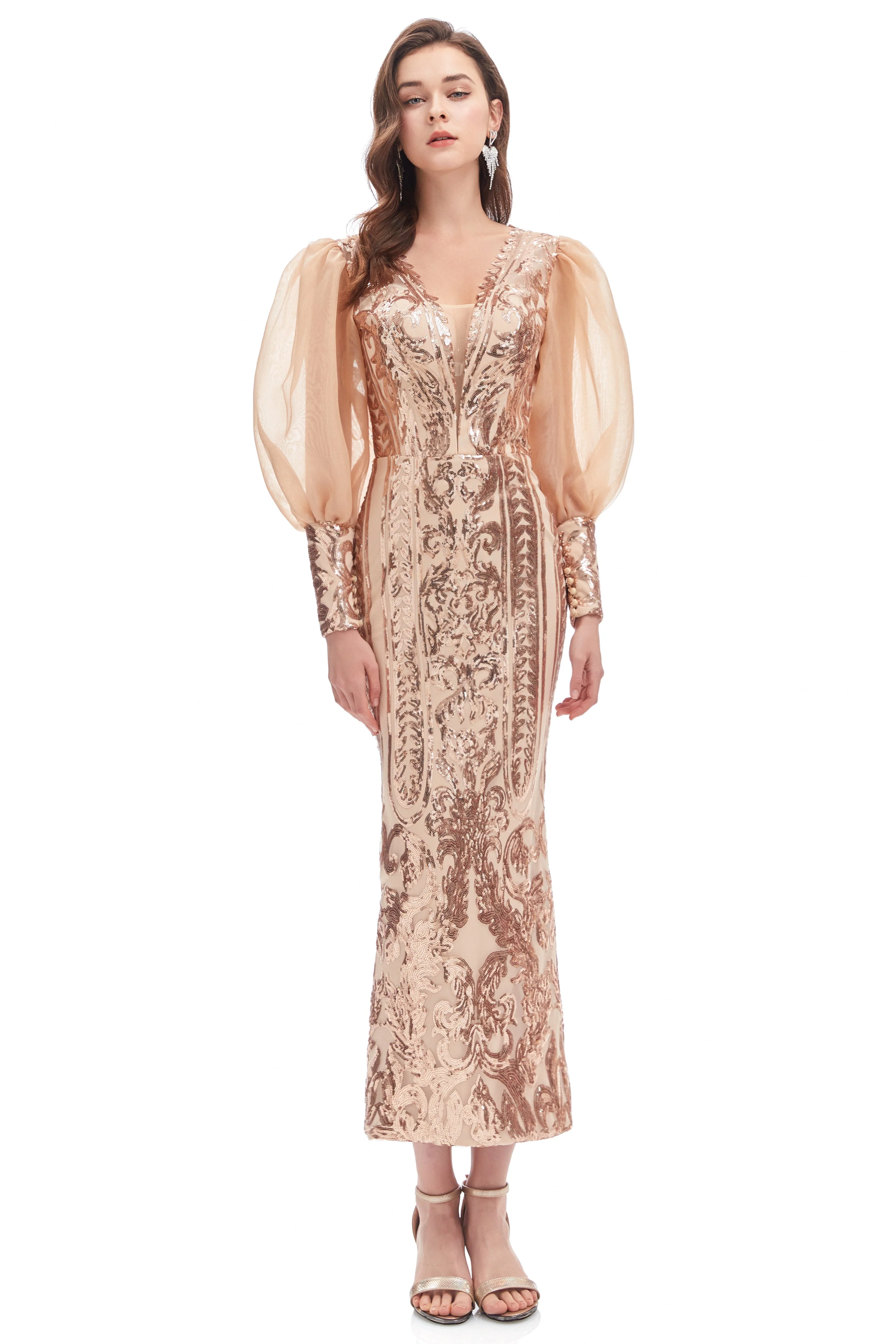 Mermaid V-neck Lace Sequined Floor-length Long Sleeve Bubble Sleeves Prom Dress - Image 3
