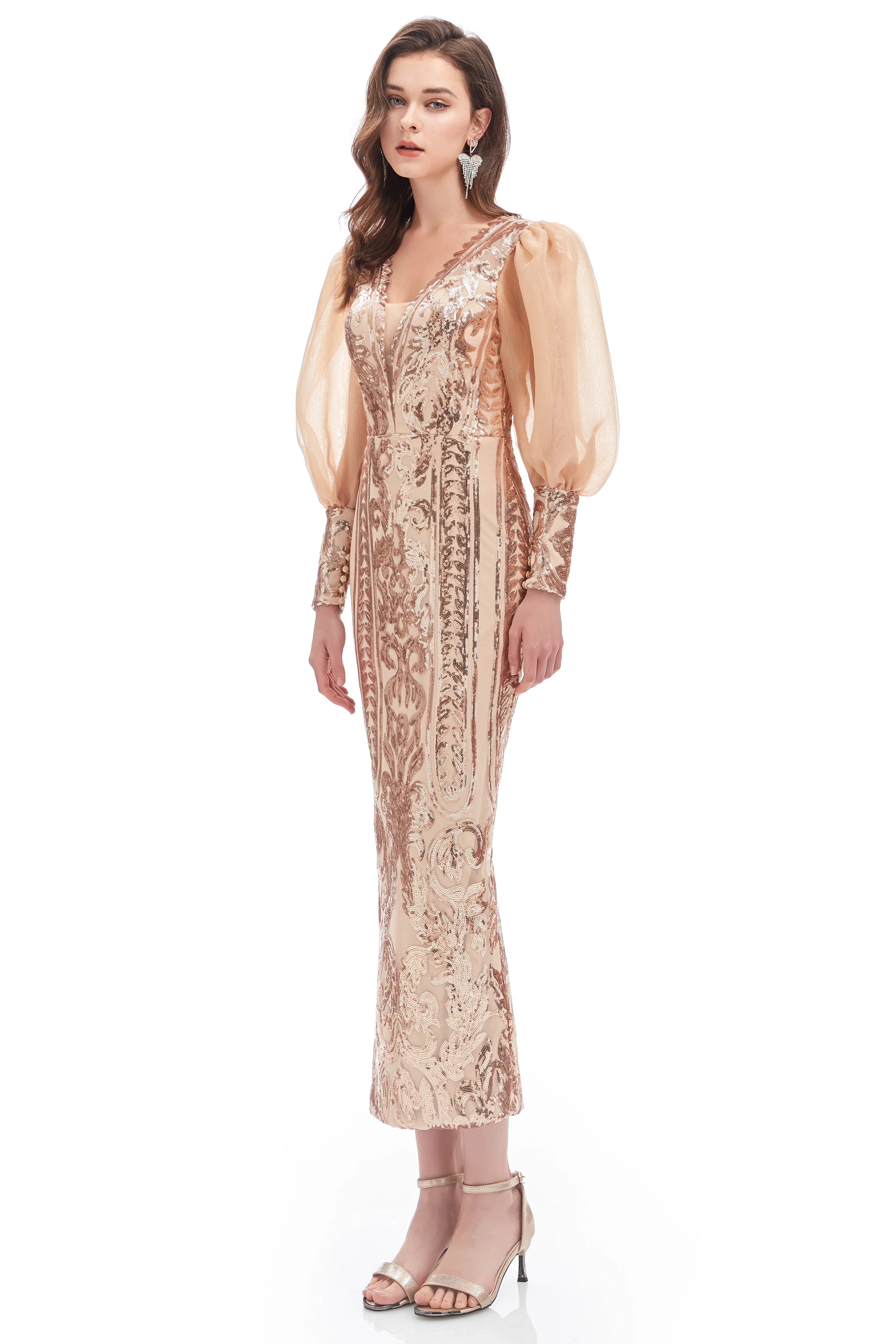 Mermaid V-neck Lace Sequined Floor-length Long Sleeve Bubble Sleeves Prom Dress - Image 4