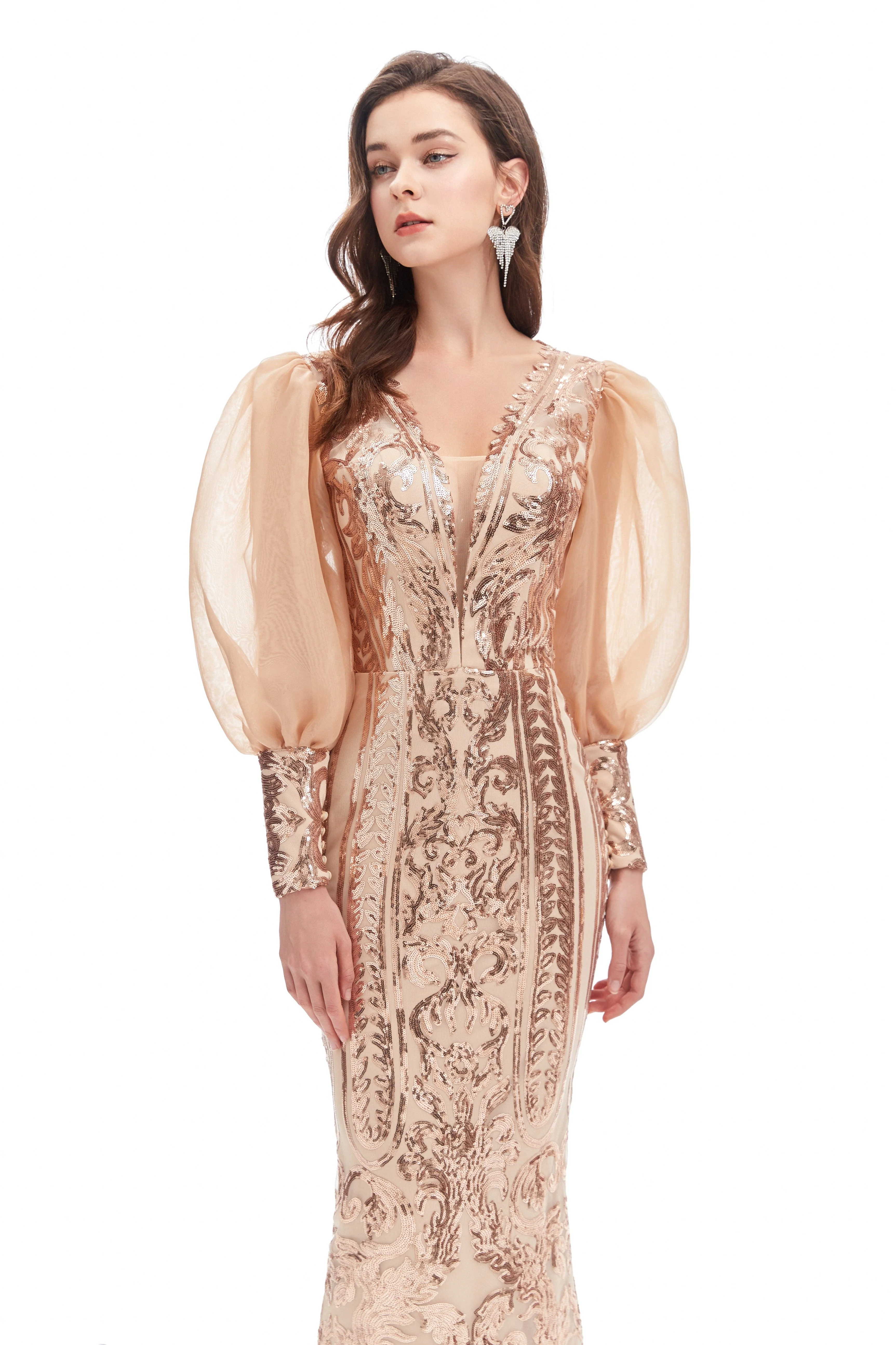 Mermaid V-neck Lace Sequined Floor-length Long Sleeve Bubble Sleeves Prom Dress - Image 6