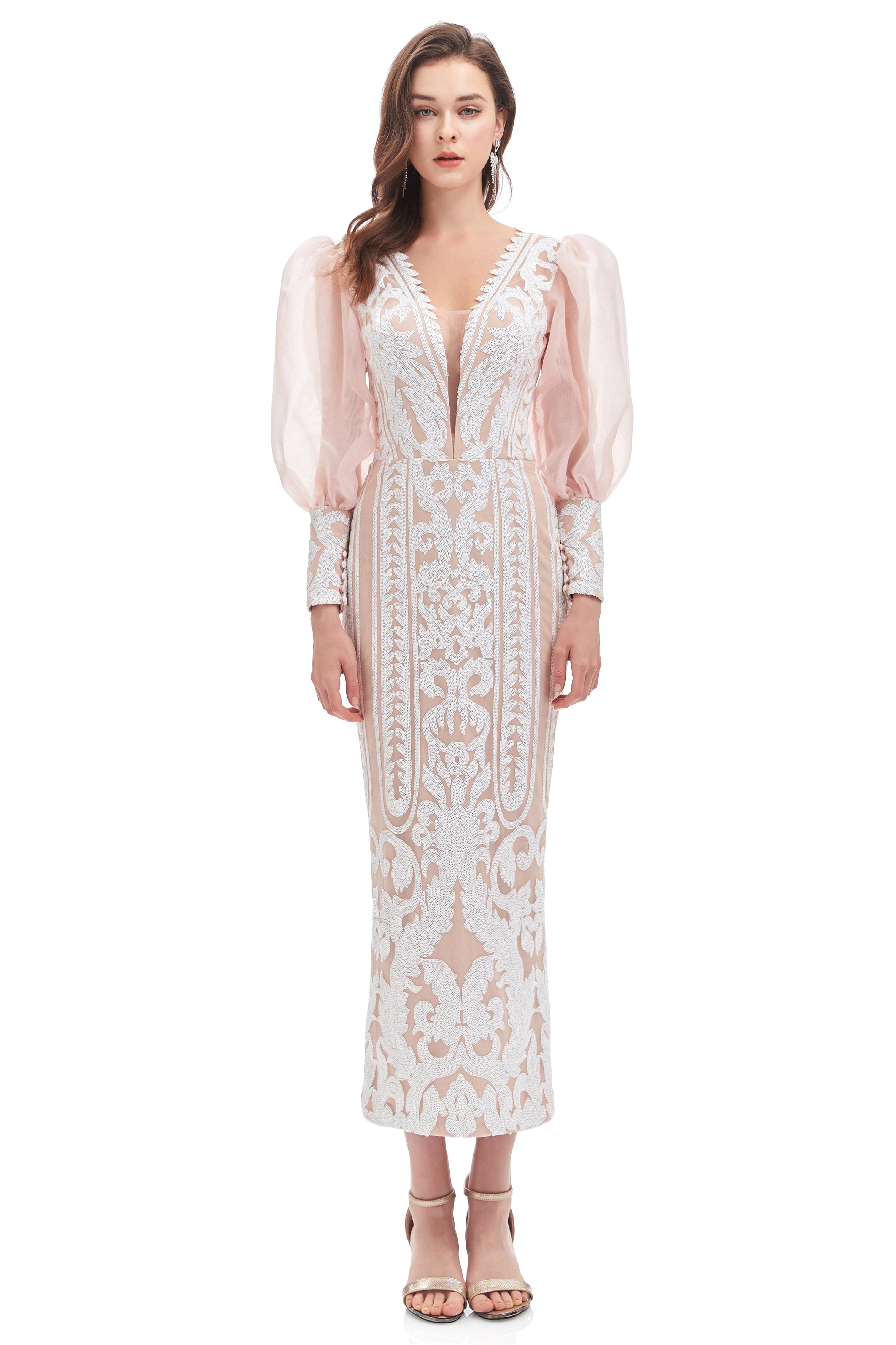 Mermaid V-neck Lace Sequined Floor-length Long Sleeve Bubble Sleeves Prom Dress - Image 9