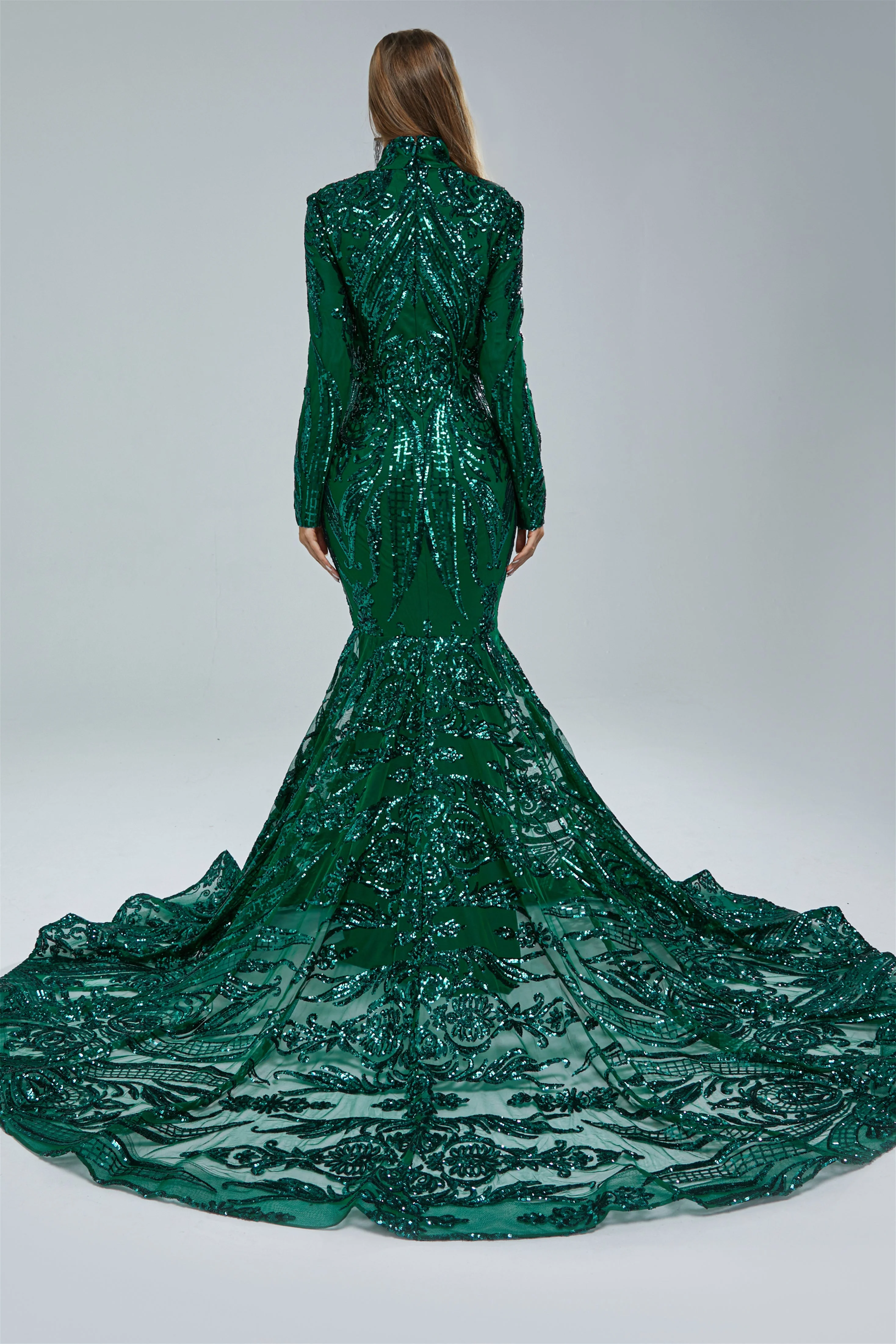 Mermaid High Neck Lace Sequined Floor-length Long Sleeve Elegant Prom Dress - Image 2