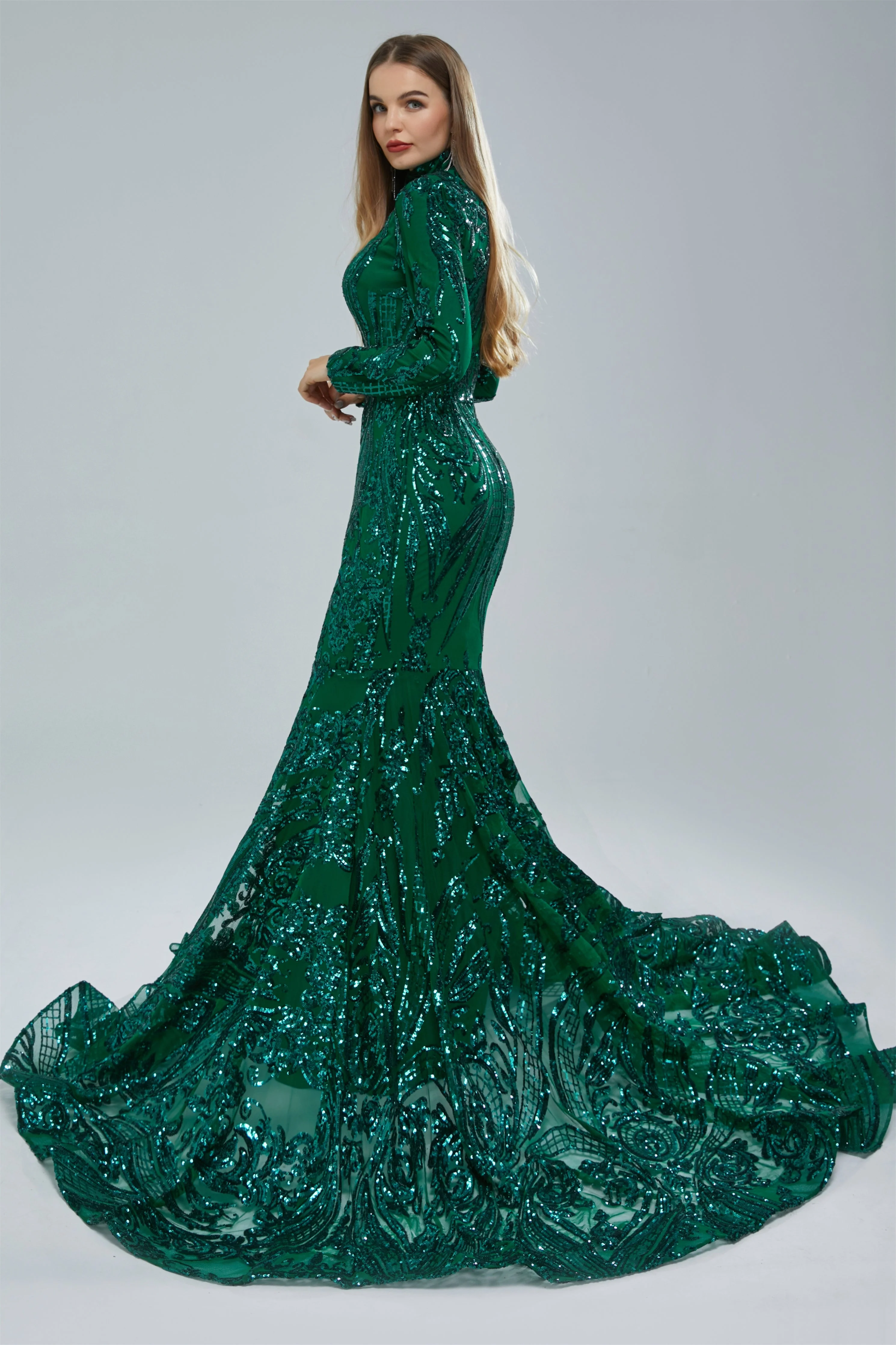 Mermaid High Neck Lace Sequined Floor-length Long Sleeve Elegant Prom Dress - Image 3