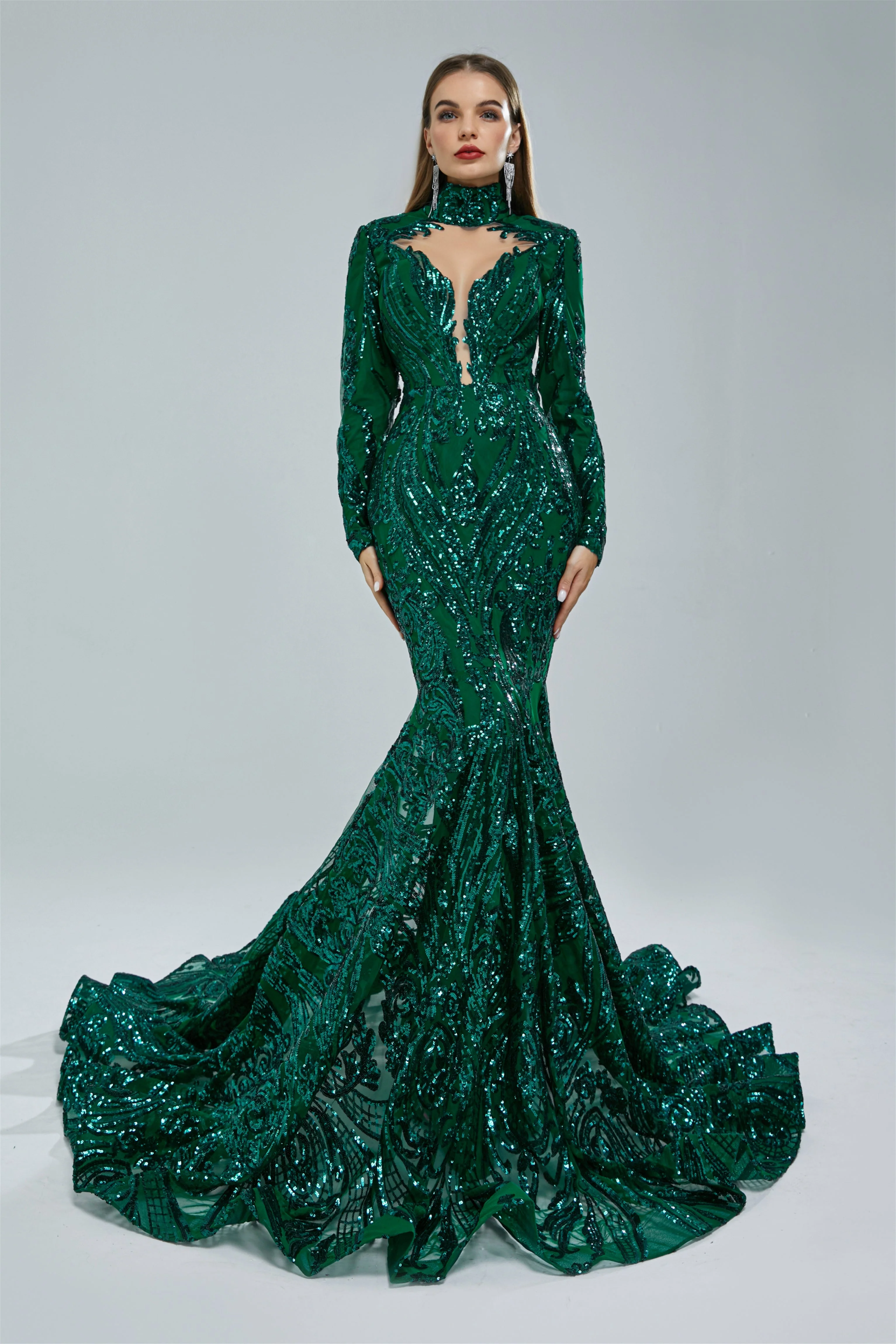 Mermaid High Neck Lace Sequined Floor-length Long Sleeve Elegant Prom Dress - Image 4