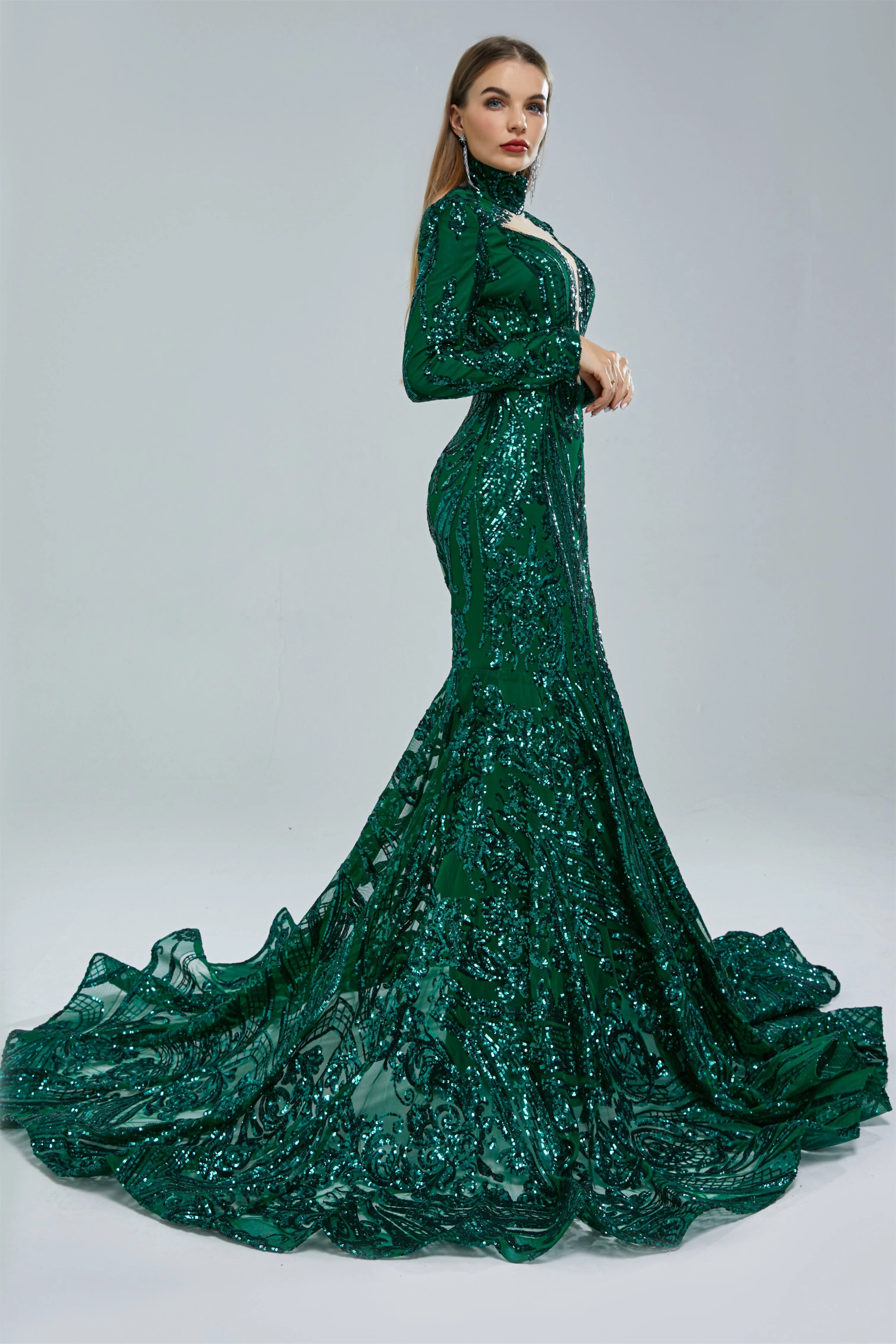 Mermaid High Neck Lace Sequined Floor-length Long Sleeve Elegant Prom Dress - Image 5