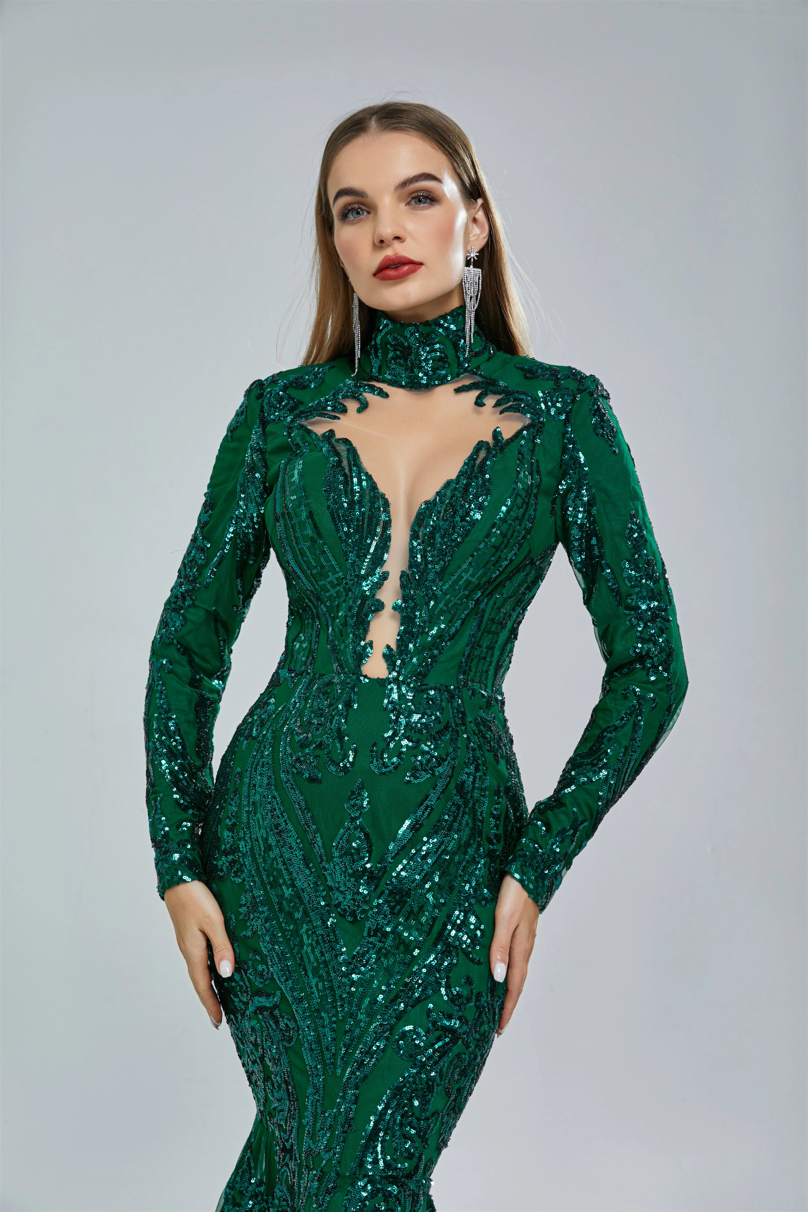 Mermaid High Neck Lace Sequined Floor-length Long Sleeve Elegant Prom Dress - Image 6