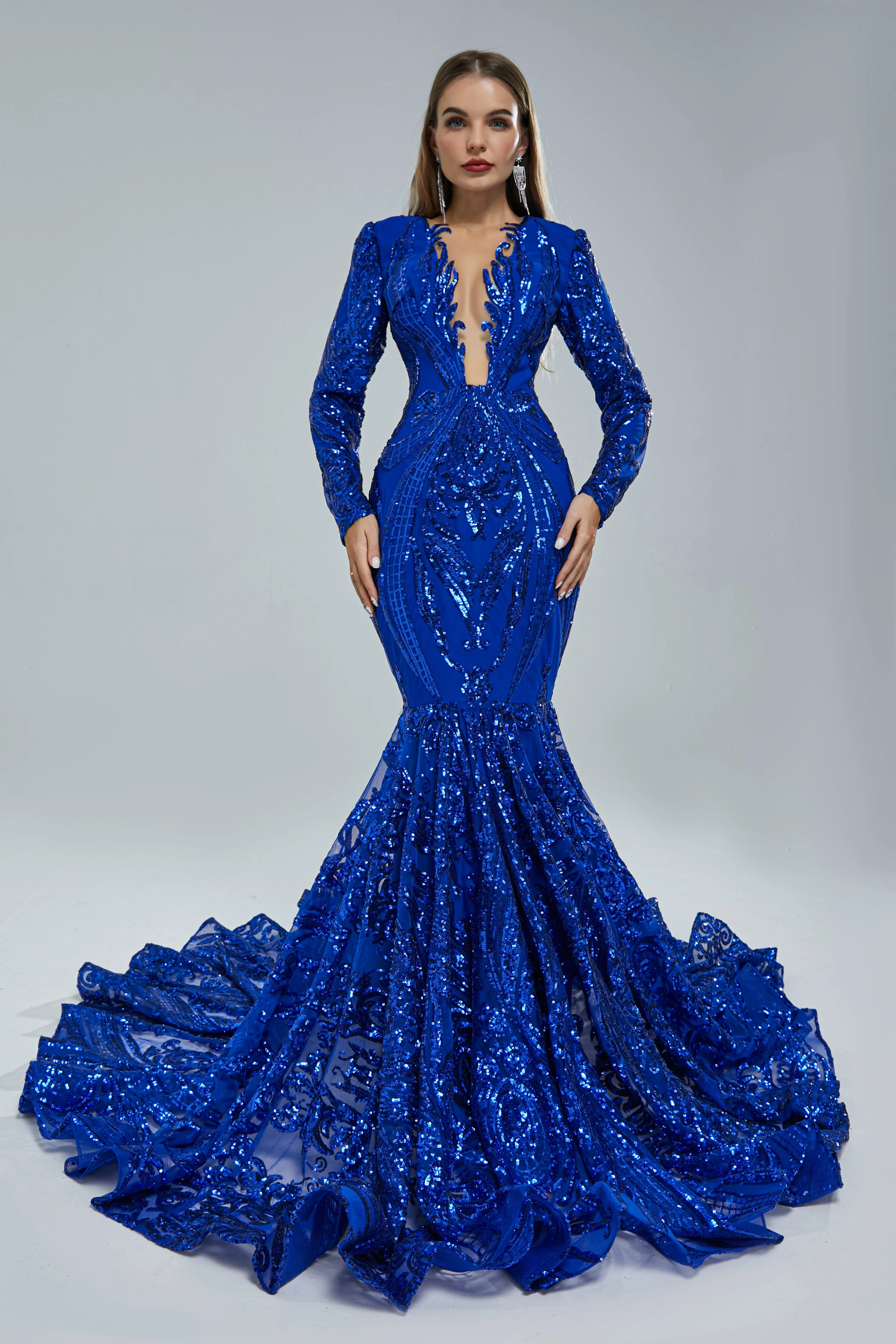 Mermaid V-neck Lace Sequined Floor-length Long Sleeve Elegant Prom Dress - Image 4