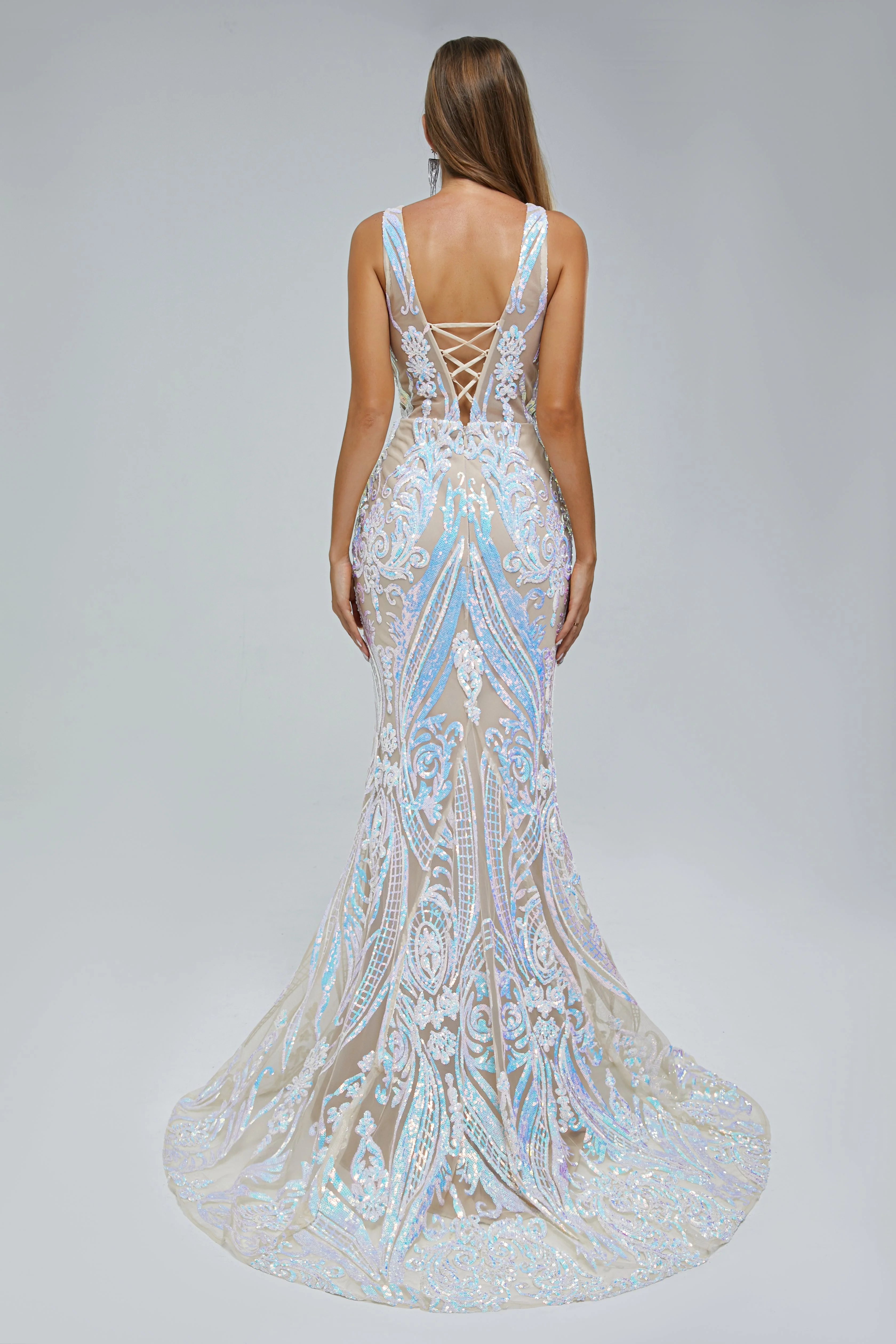 Mermaid V-neck Backless Lace Sequined Floor-length Long Sleeve Elegant Prom Dress - Image 2