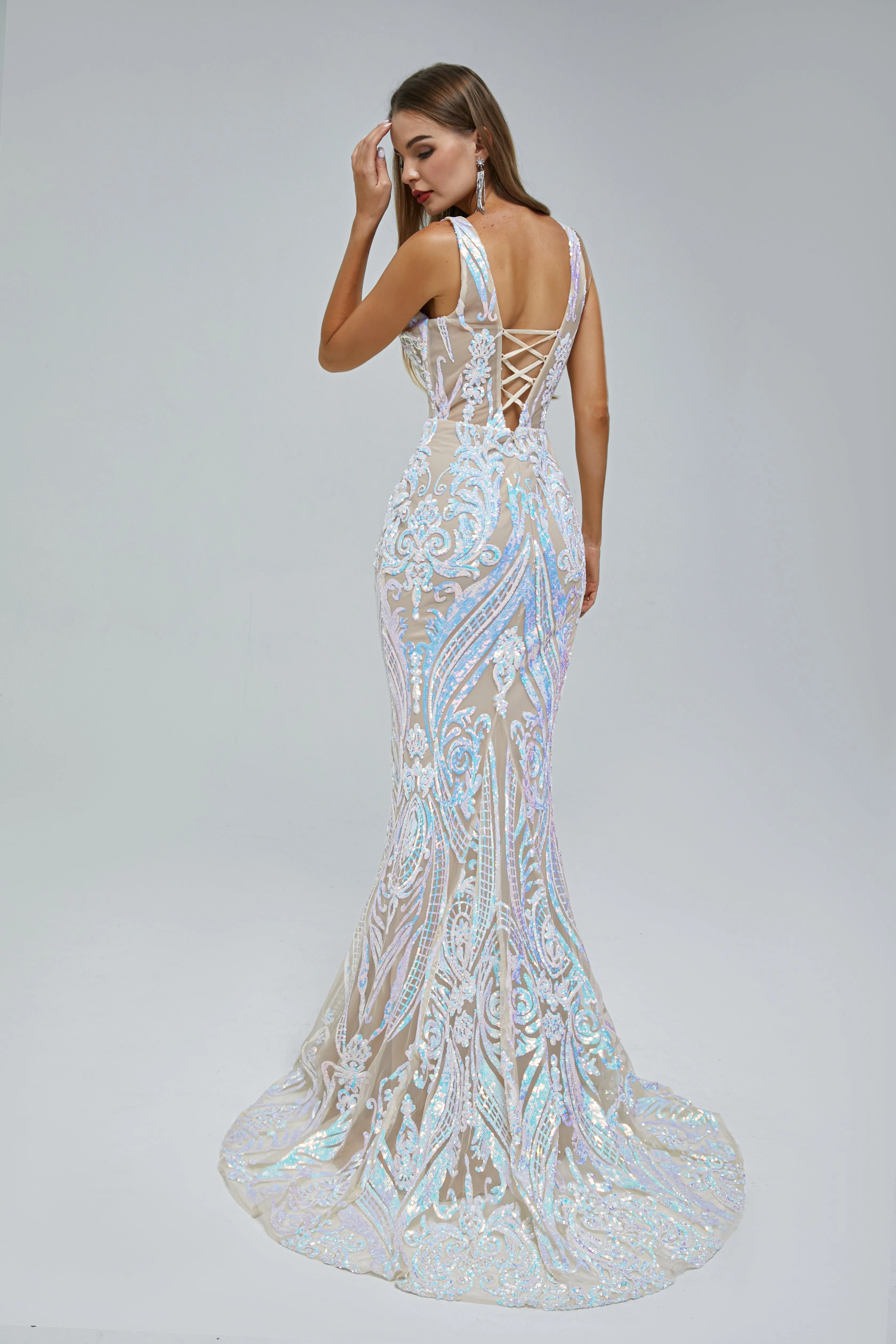 Mermaid V-neck Backless Lace Sequined Floor-length Long Sleeve Elegant Prom Dress - Image 3