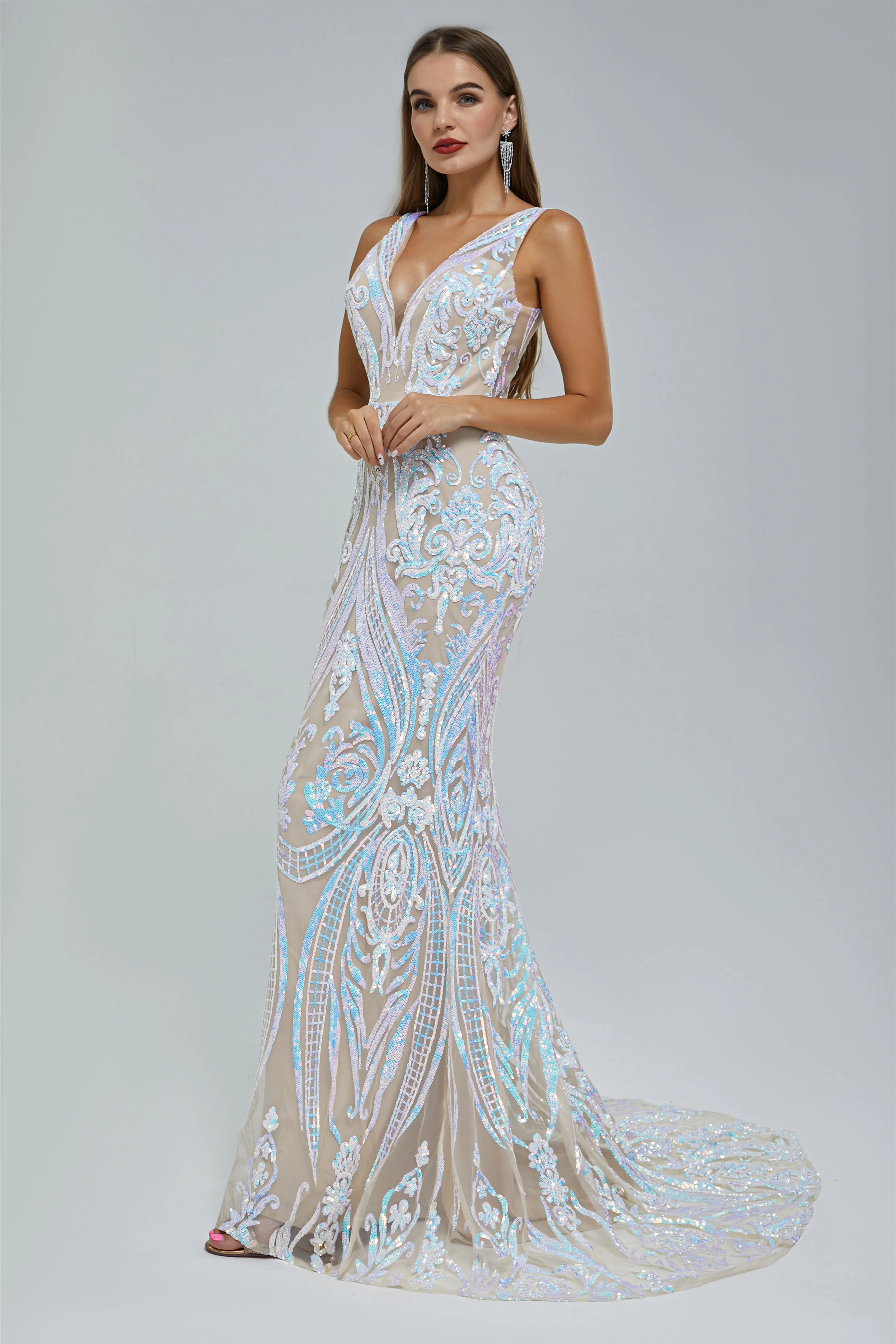 Mermaid V-neck Backless Lace Sequined Floor-length Long Sleeve Elegant Prom Dress - Image 4