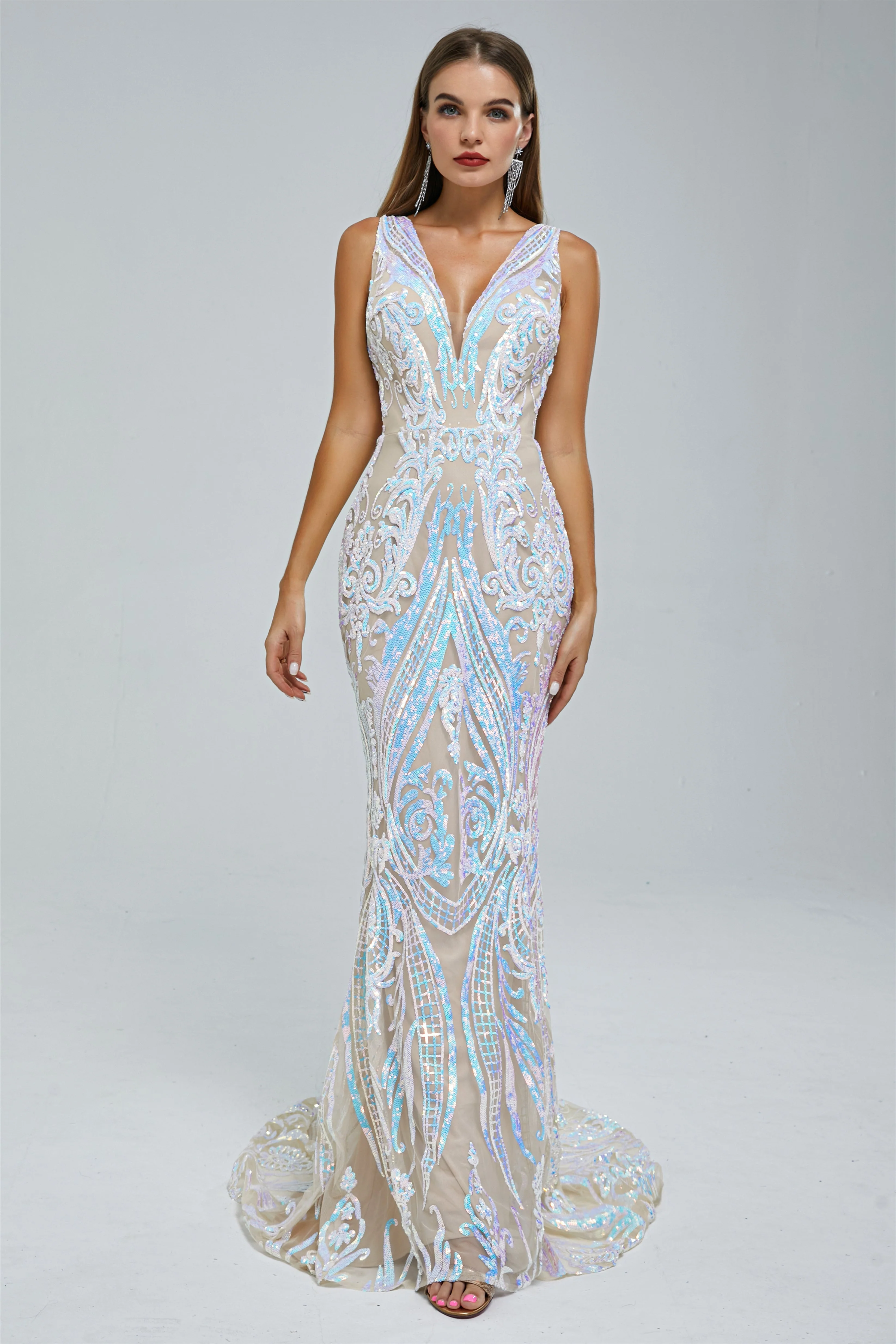 Mermaid V-neck Backless Lace Sequined Floor-length Long Sleeve Elegant Prom Dress - Image 6