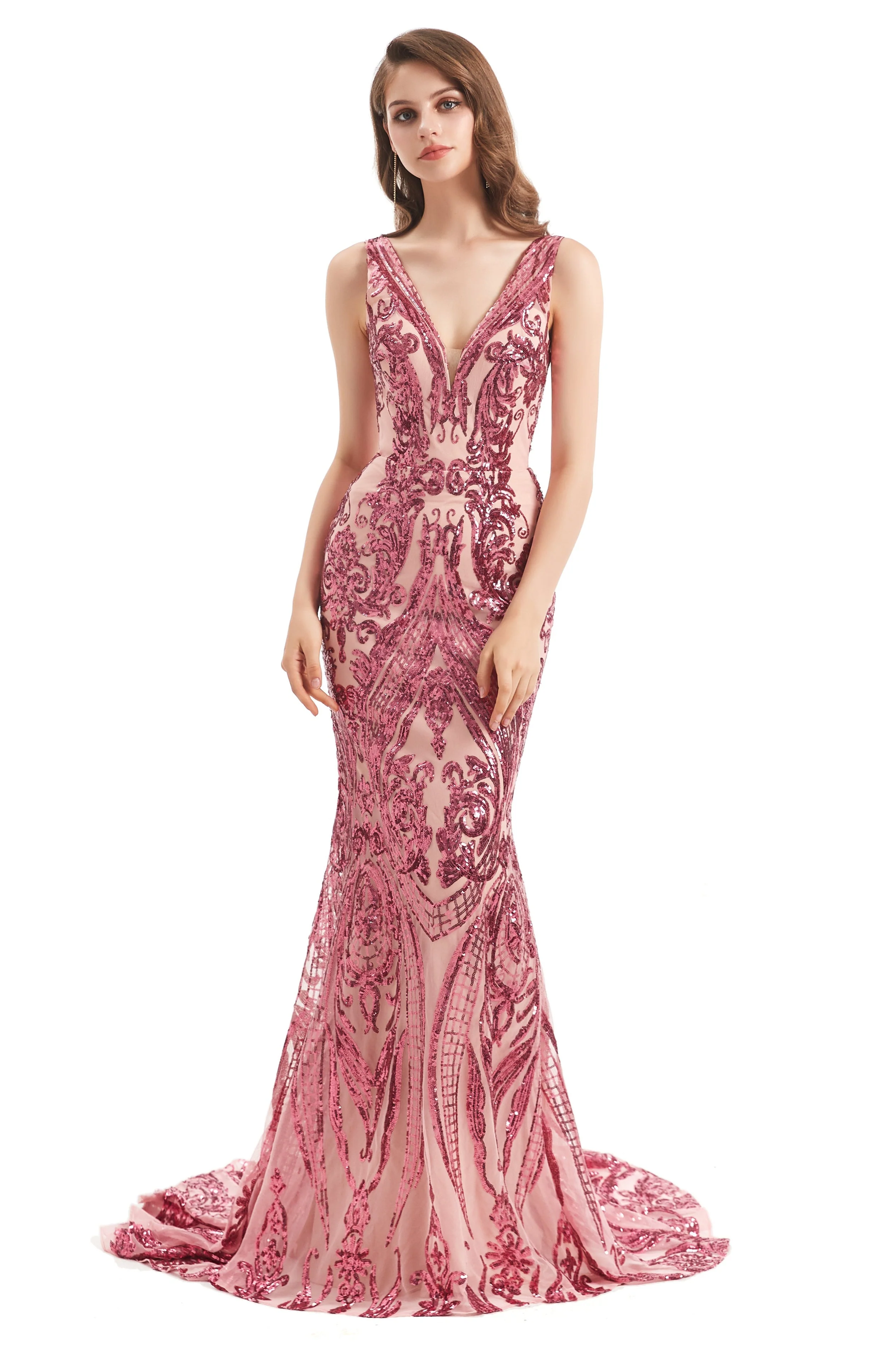Mermaid V-neck Lace Sequined Floor-length Sleeveless Open Back Prom Dress - Image 2