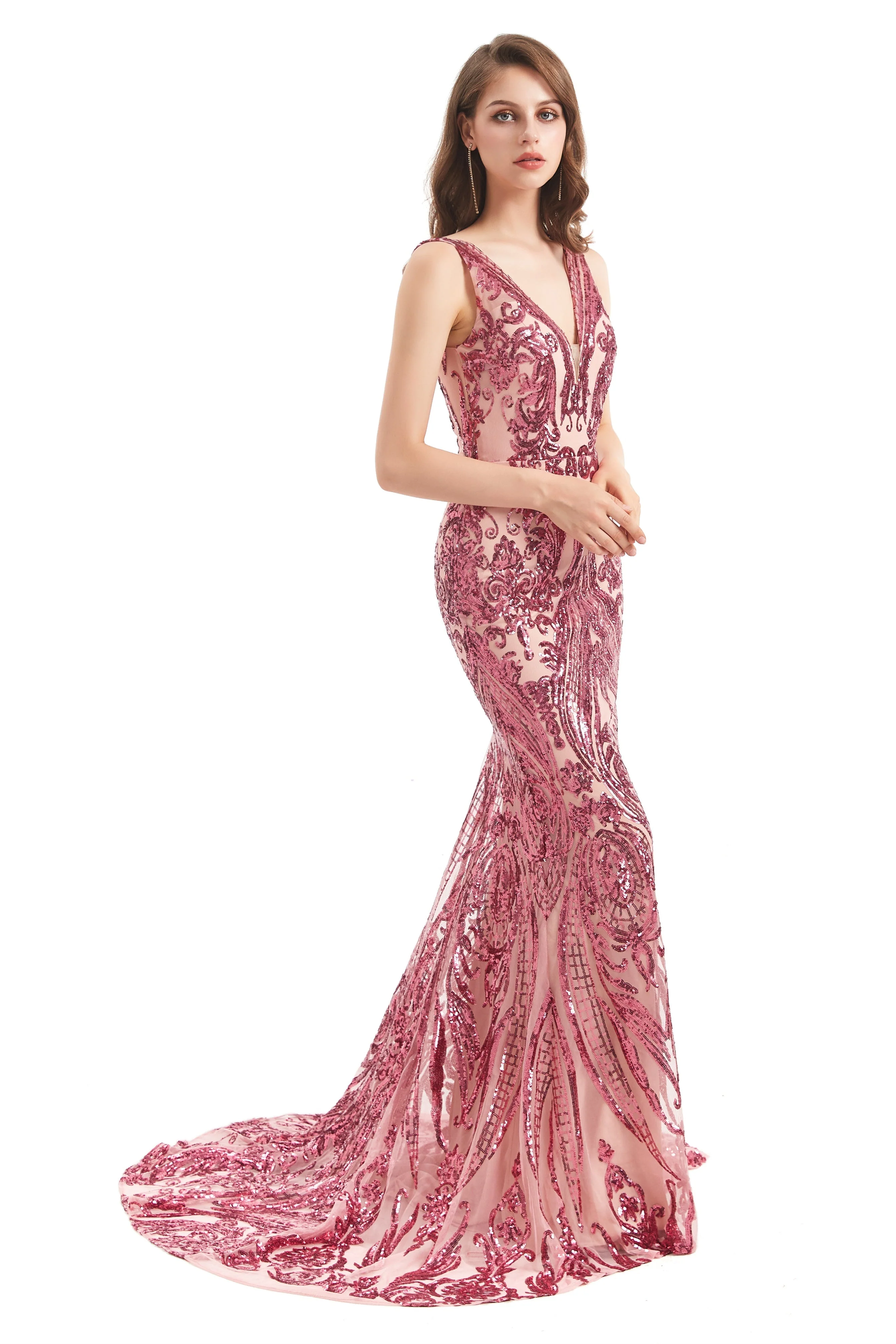 Mermaid V-neck Lace Sequined Floor-length Sleeveless Open Back Prom Dress - Image 3