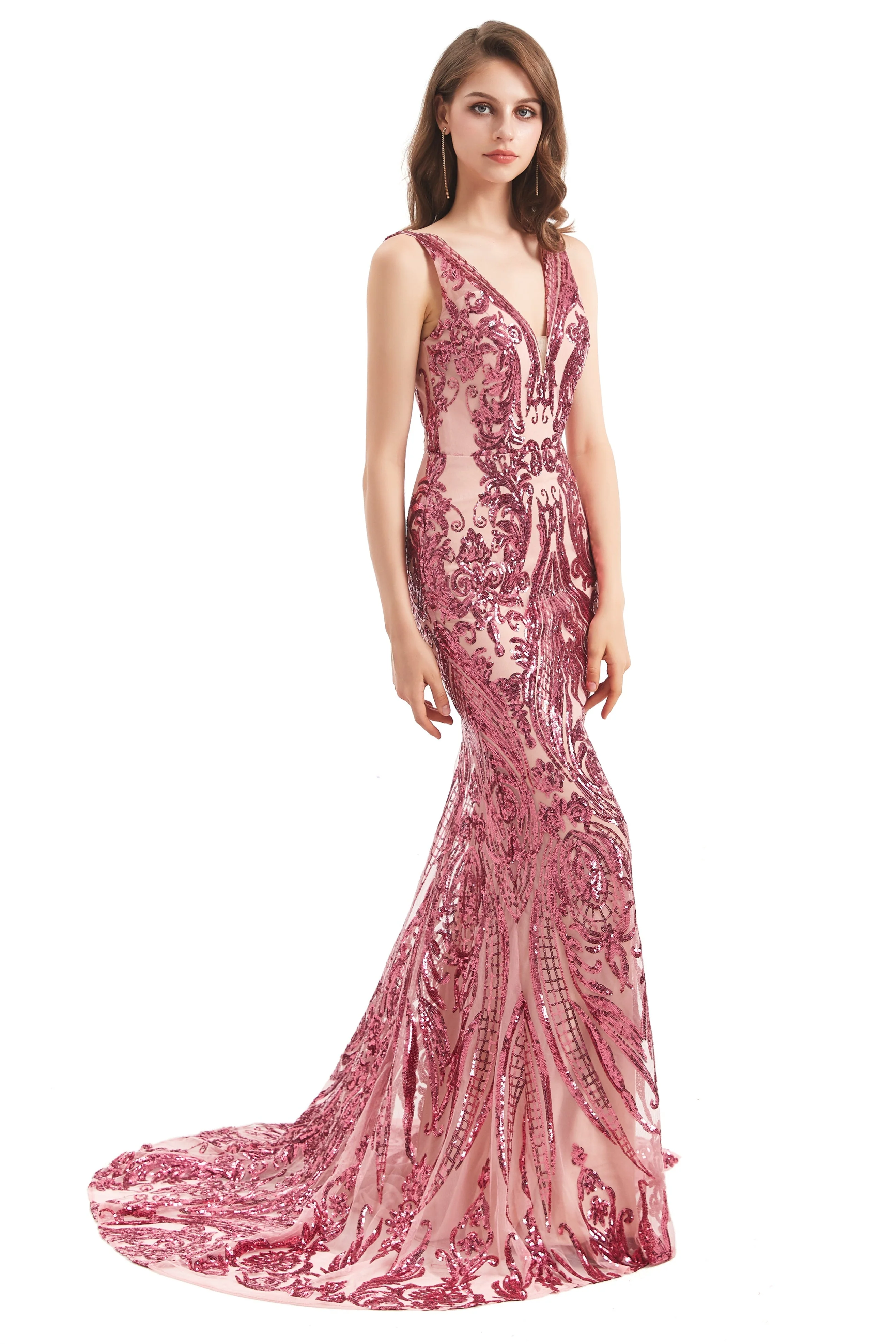 Mermaid V-neck Lace Sequined Floor-length Sleeveless Open Back Prom Dress - Image 4