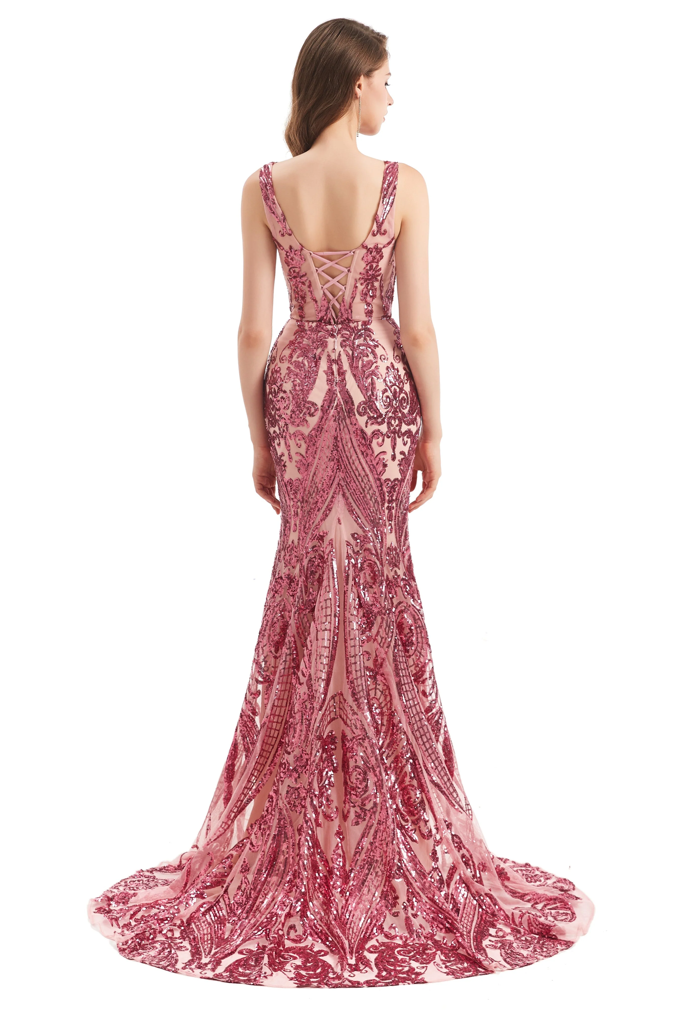 Mermaid V-neck Lace Sequined Floor-length Sleeveless Open Back Prom Dress - Image 5