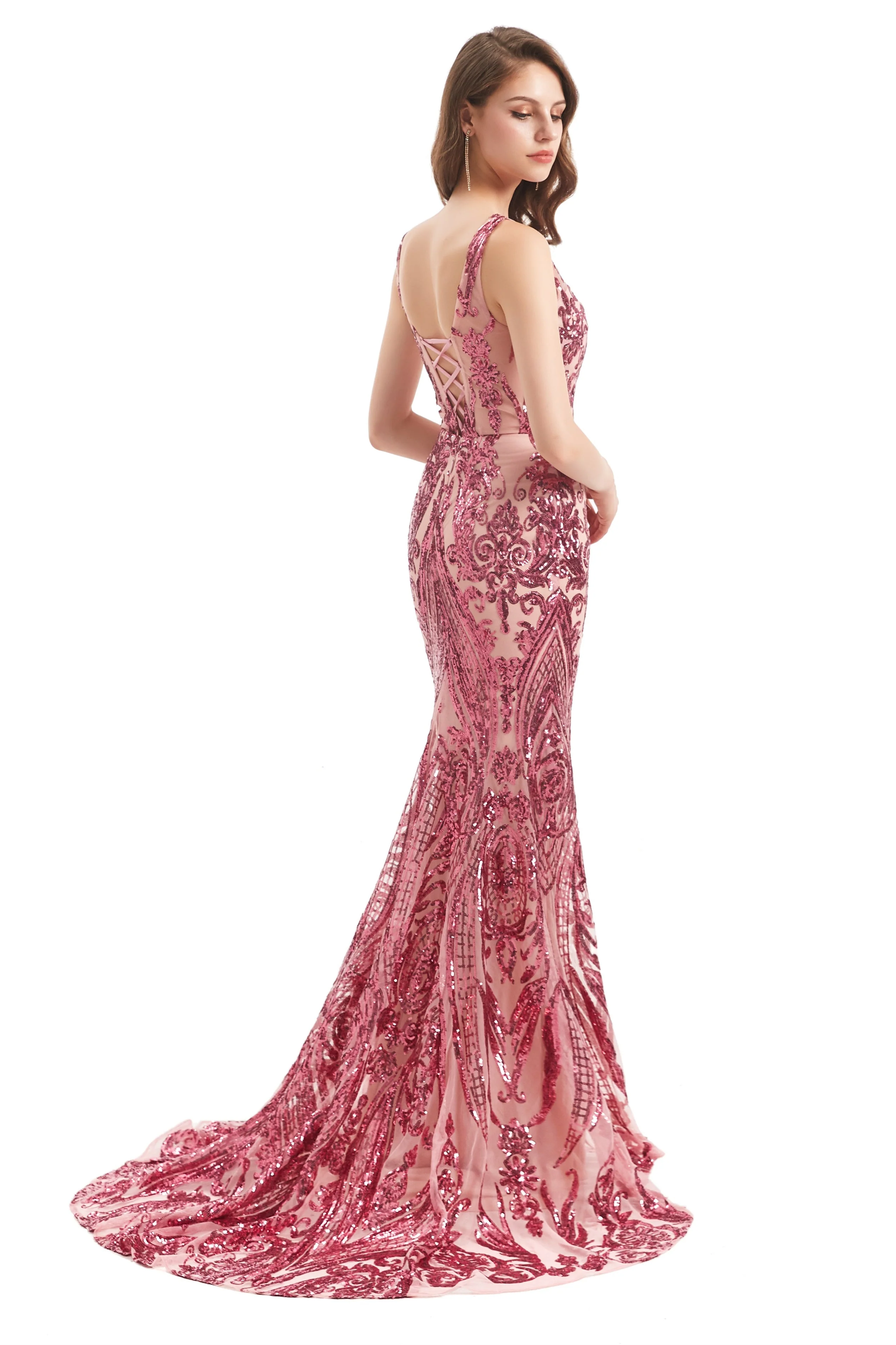 Mermaid V-neck Lace Sequined Floor-length Sleeveless Open Back Prom Dress - Image 6