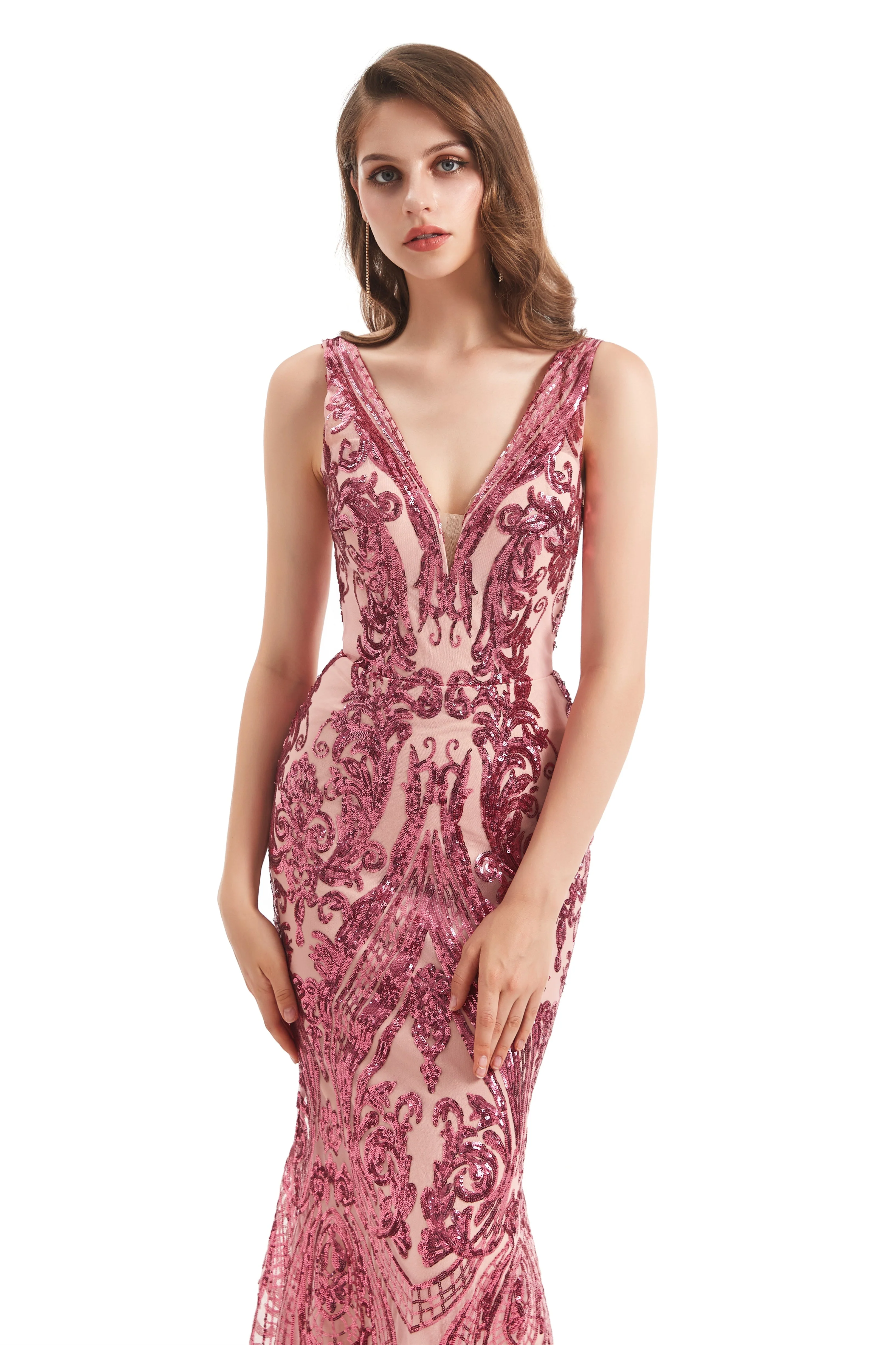 Mermaid V-neck Lace Sequined Floor-length Sleeveless Open Back Prom Dress - Image 7