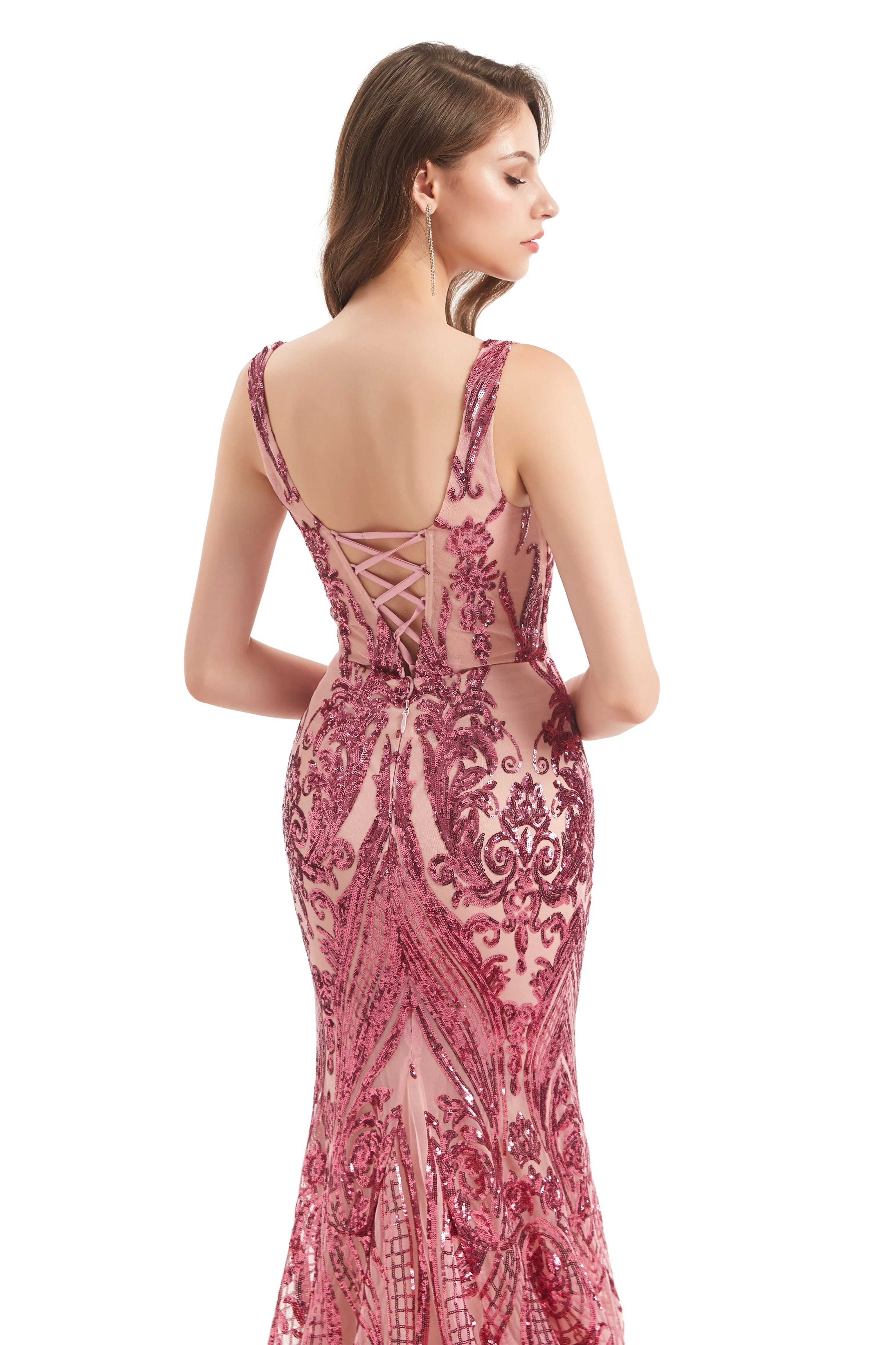 Mermaid V-neck Lace Sequined Floor-length Sleeveless Open Back Prom Dress - Image 8