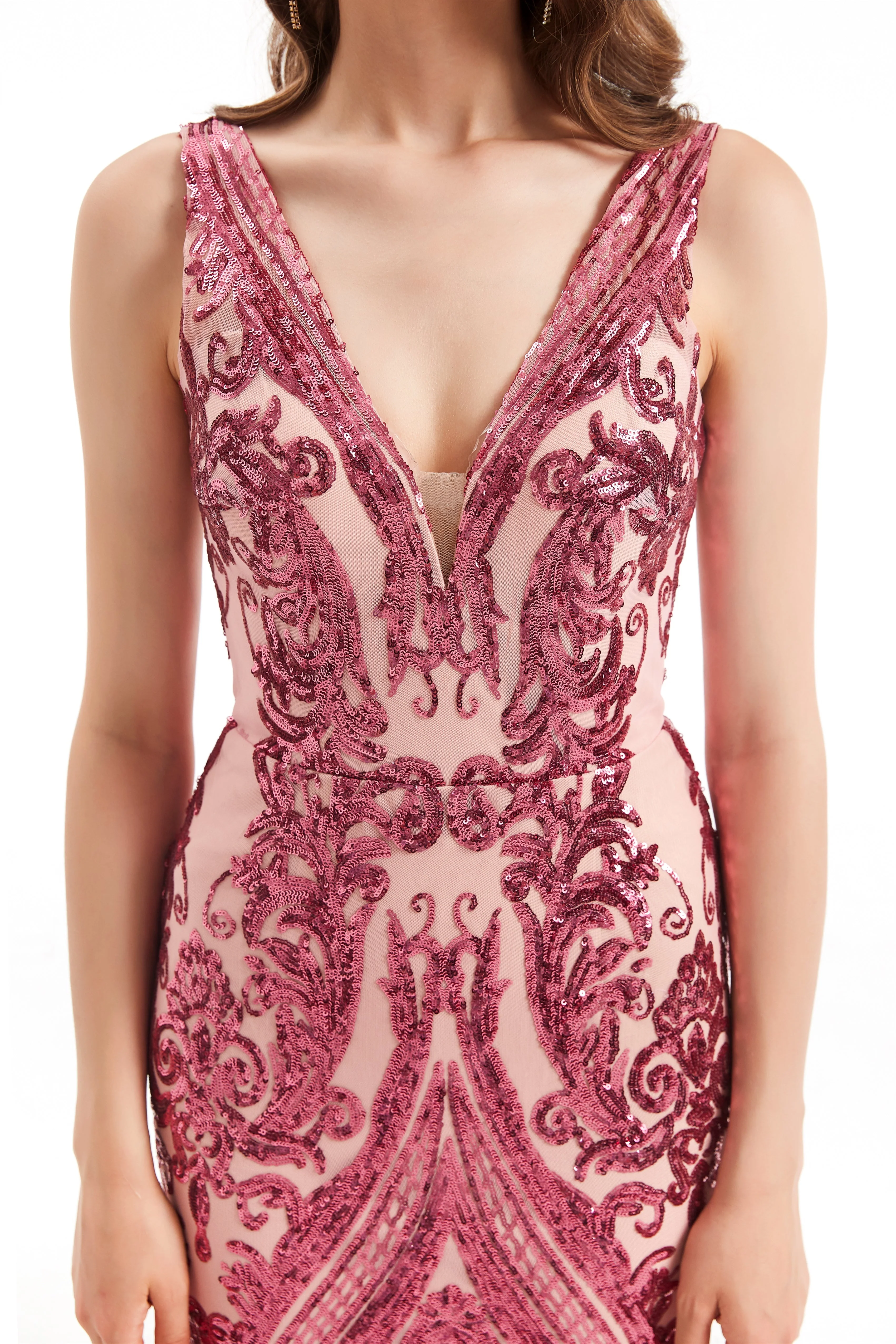 Mermaid V-neck Lace Sequined Floor-length Sleeveless Open Back Prom Dress - Image 9