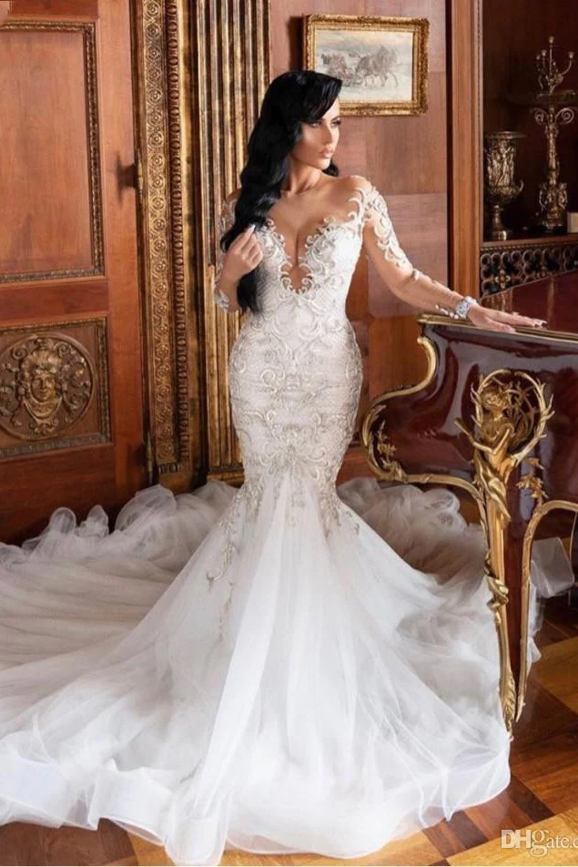 Mermaid V-neck Long Sleeves Floor Length Tulle Beading Applique Wedding Dress - Image 2