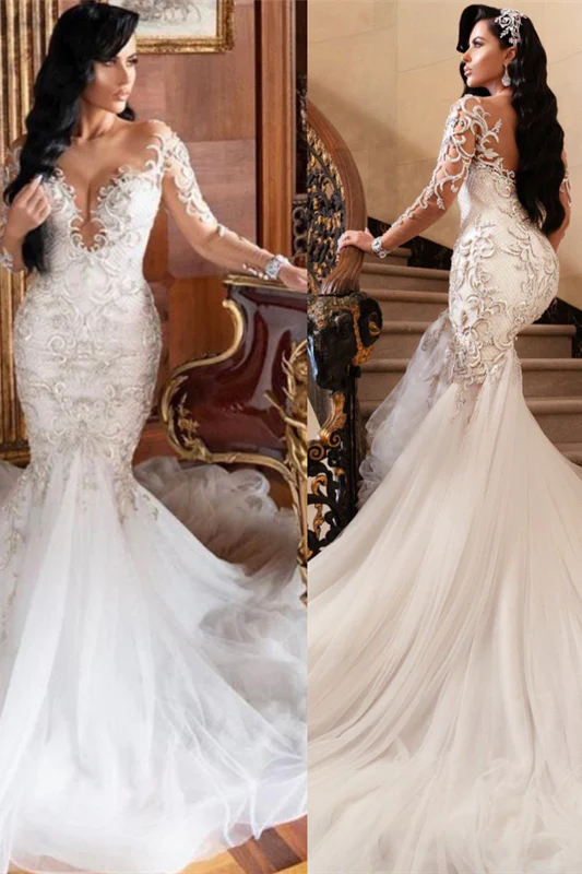Mermaid V-neck Long Sleeves Floor Length Tulle Beading Applique Wedding Dress - Image 4
