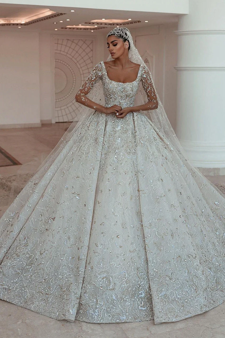 Ball gown Square neck Long Sleeves with waist skrit floor length Sparkle Beaded Wedding Dress - Image 3