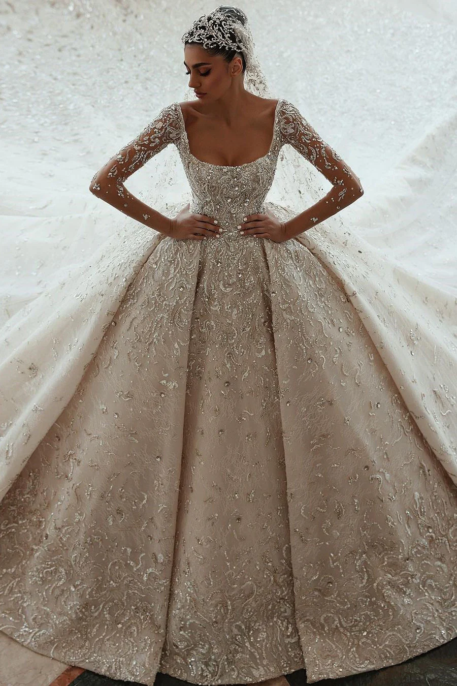 Ball gown Square neck Long Sleeves with waist skrit floor length Sparkle Beaded Wedding Dress - Image 4