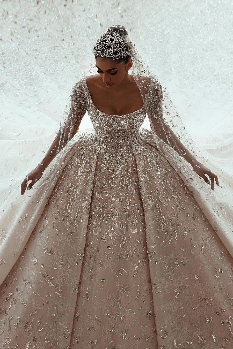 Ball gown Square neck Long Sleeves with waist skrit floor length Sparkle Beaded Wedding Dress - Image 5
