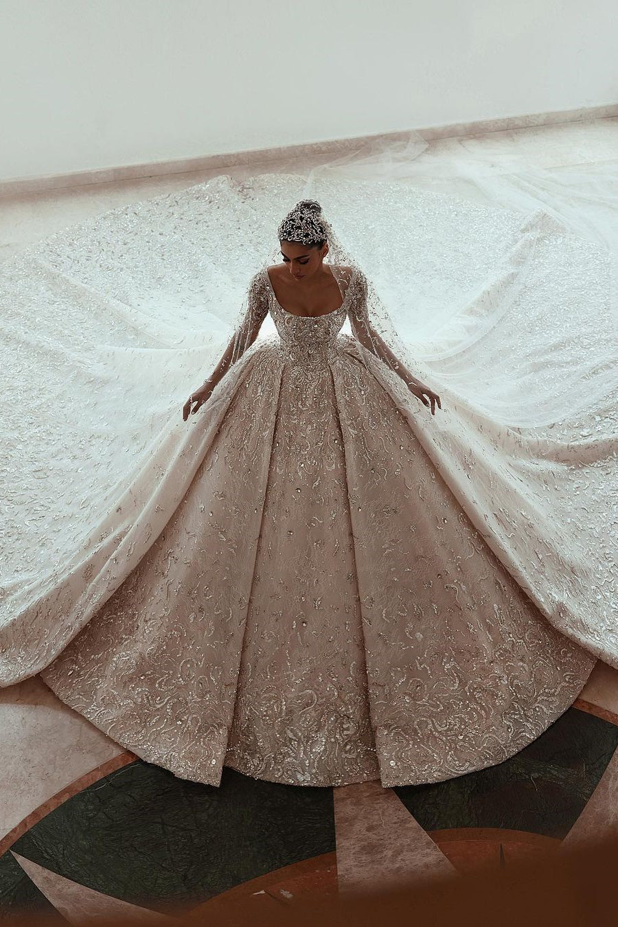Ball gown Square neck Long Sleeves with waist skrit floor length Sparkle Beaded Wedding Dress - Image 6