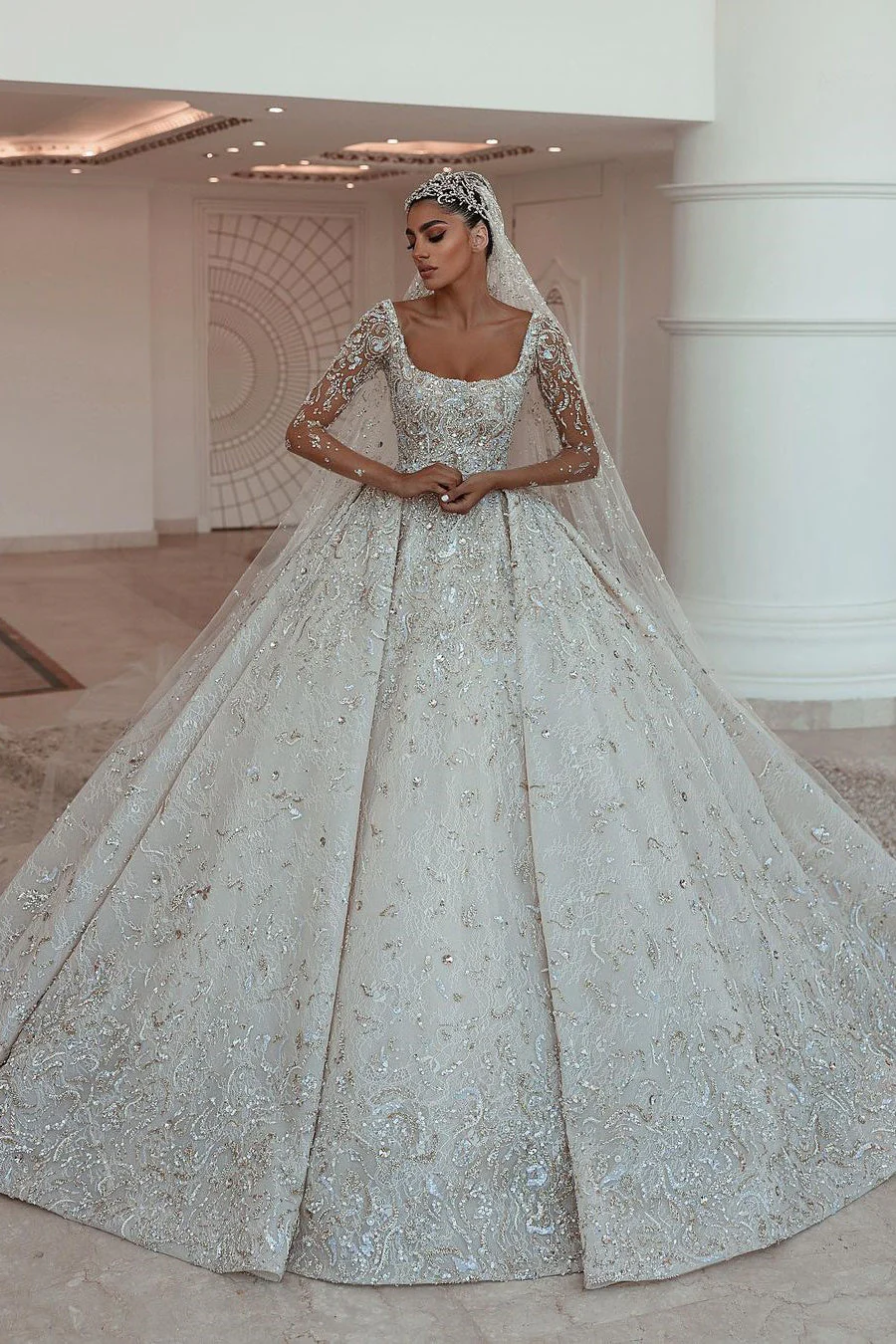 Ball gown Square neck Long Sleeves with waist skrit floor length Sparkle Beaded Wedding Dress - Image 7
