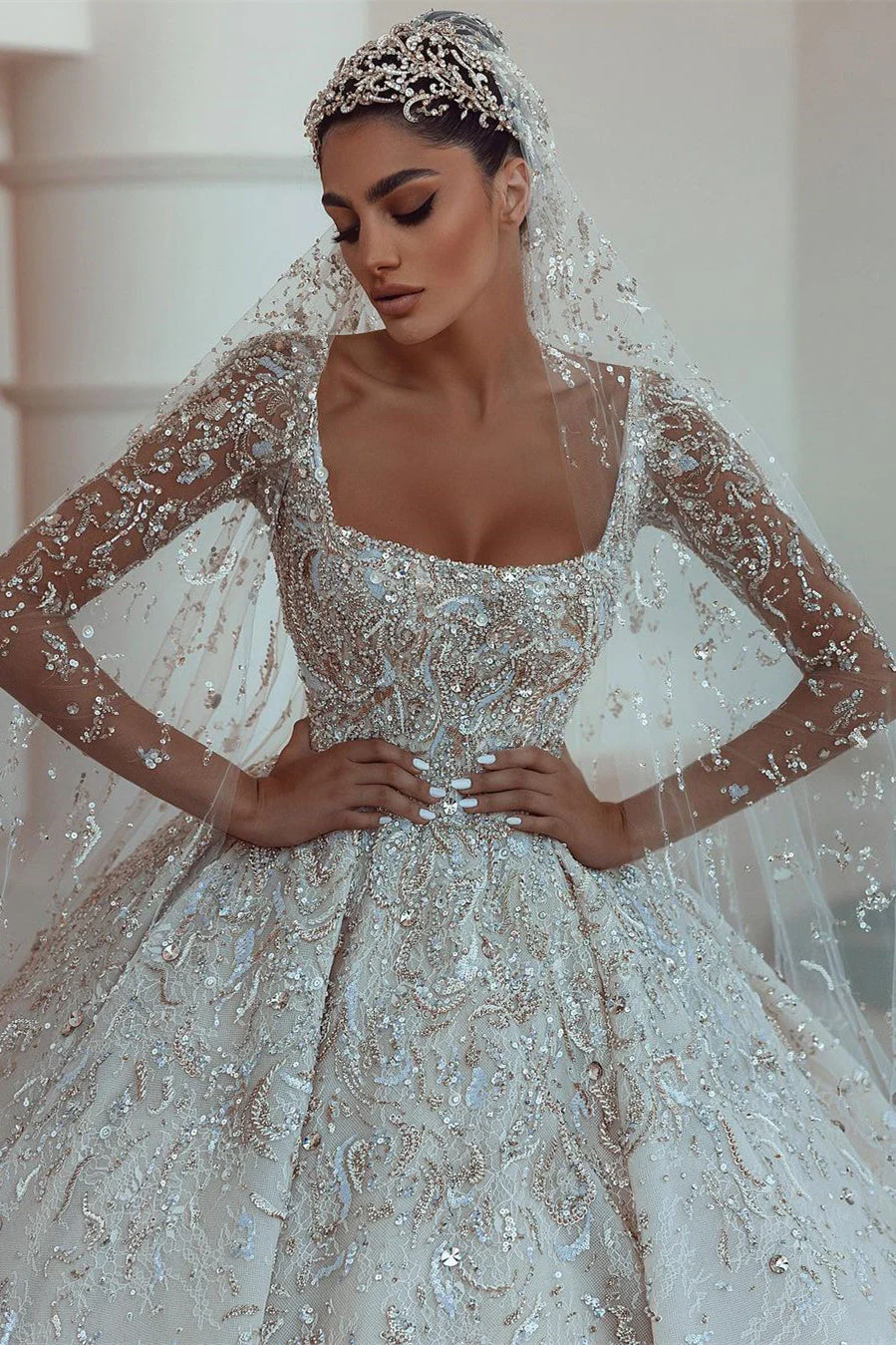 Ball gown Square neck Long Sleeves with waist skrit floor length Sparkle Beaded Wedding Dress - Image 8