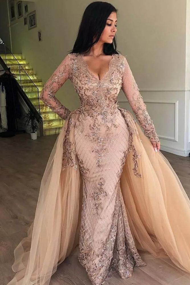 Mermaid V-neck Long Sleevess Appliques Prom Dresses with Detachable Skirt - Image 3