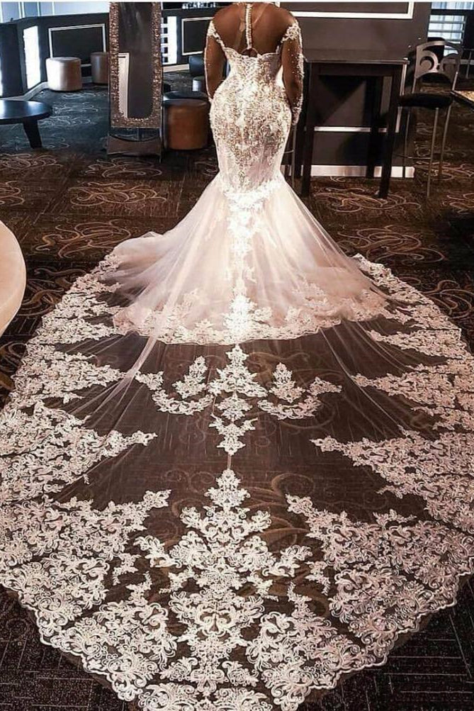 Mermaid V-neck Long Train Long Sleeves Tulle Beading Applique Wedding Dress - Image 2