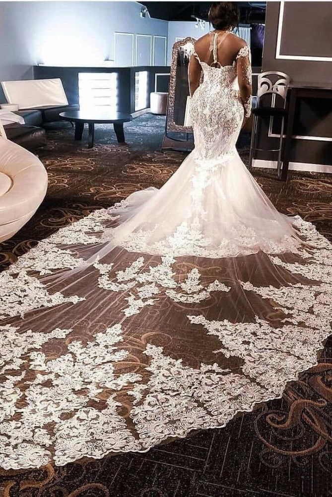 Mermaid V-neck Long Train Long Sleeves Tulle Beading Applique Wedding Dress - Image 3