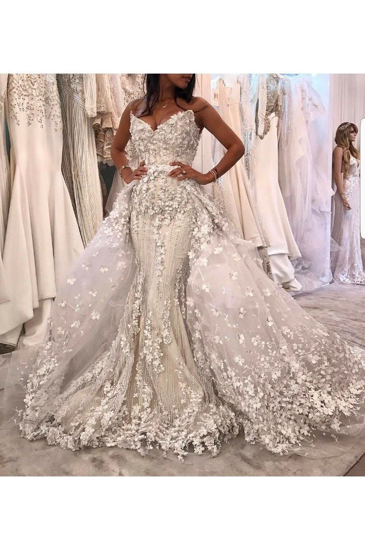 Mermaid V-neck Long Train Sleeveless Tulle Applique Wedding Dress - Image 2