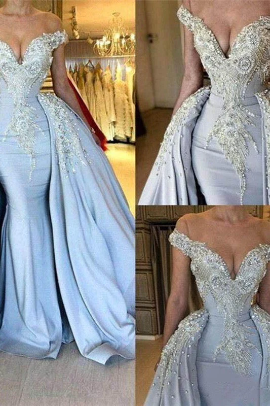 Mermaid V-neck Portrait Panel Chiffon Beaded Jewel Evening Dress - Image 3