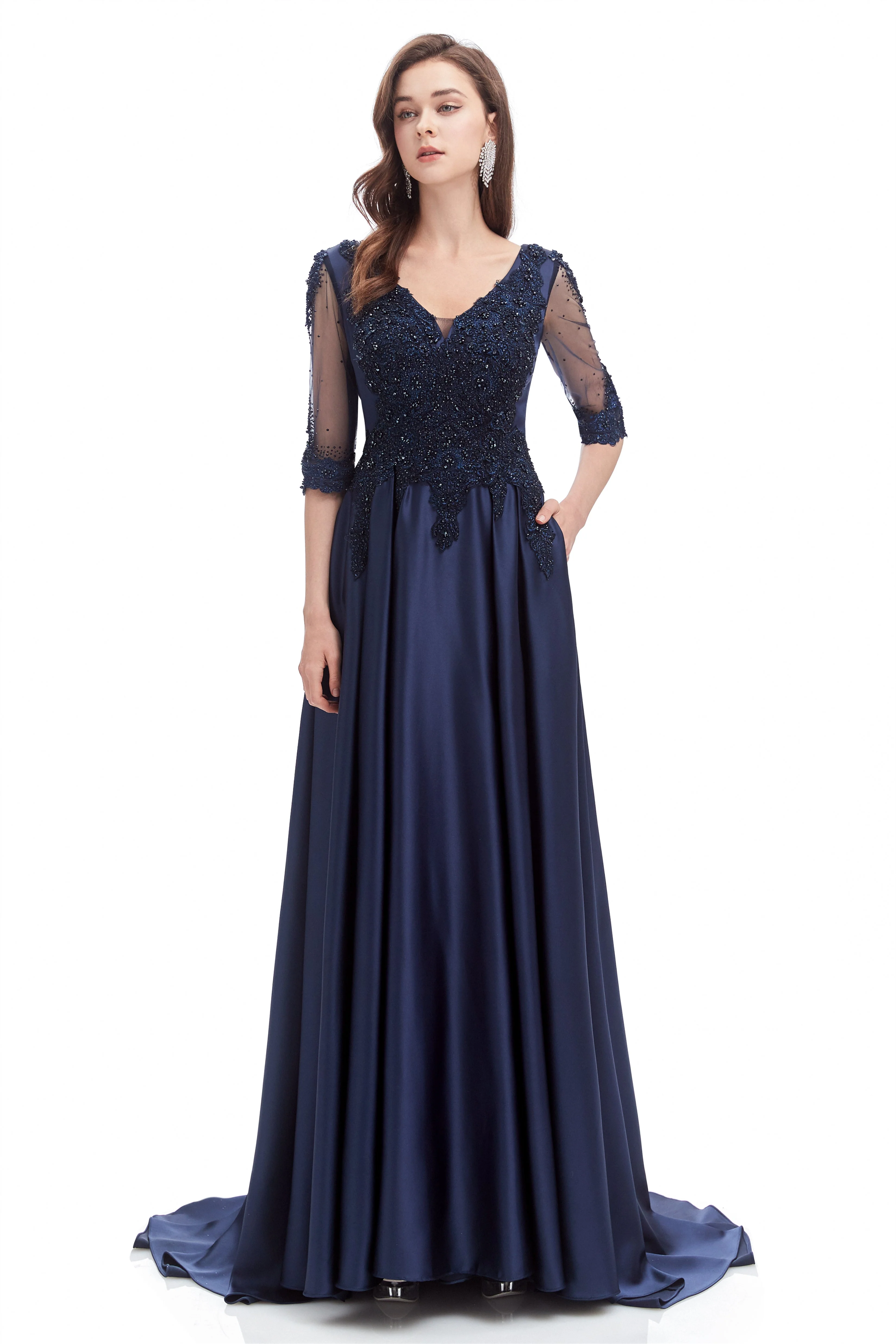 Mermaid V-neck Sequined Beaded Floor-length Half Sleeves Appliques Lace Prom Dress - Image 3