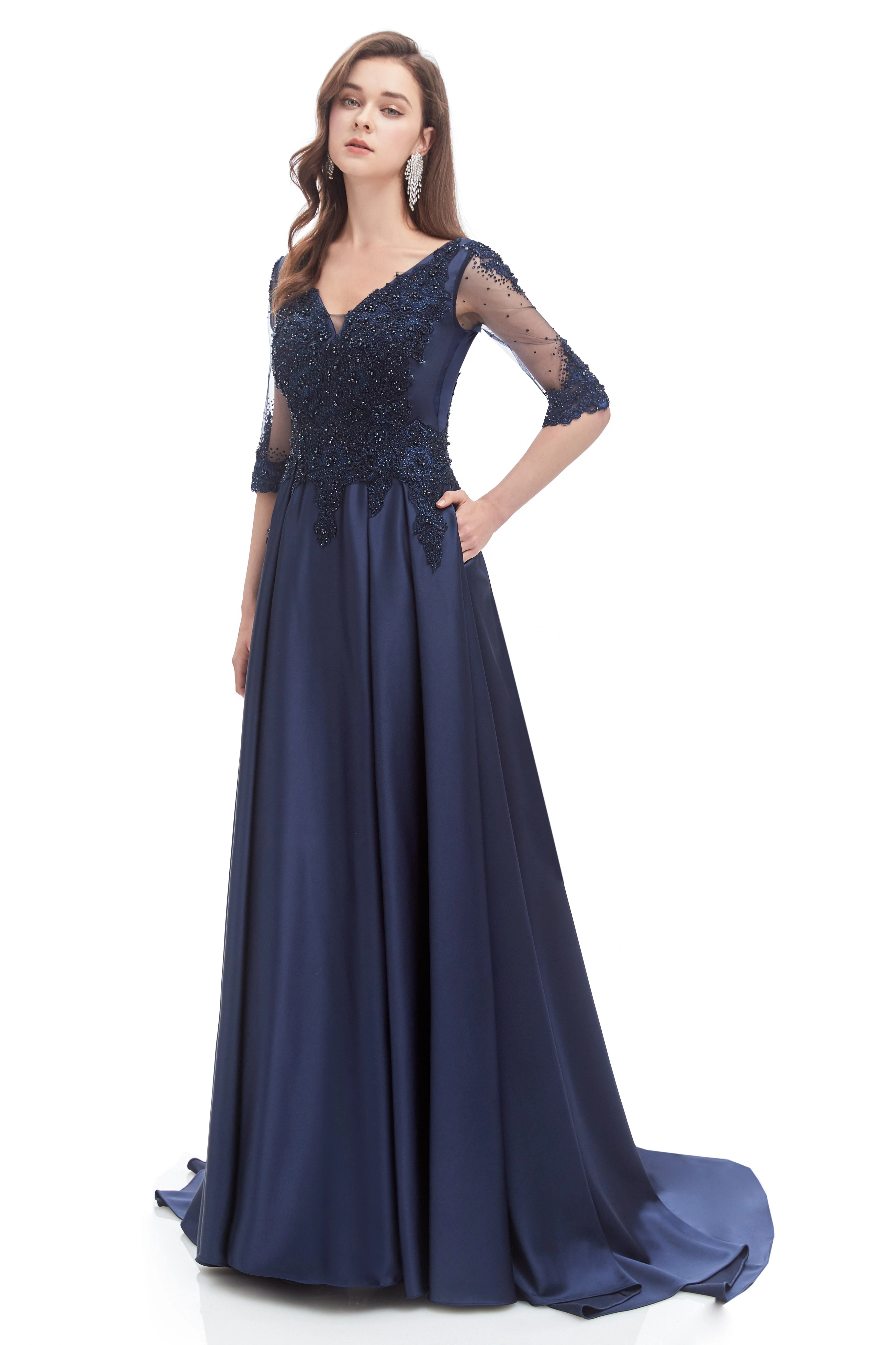 Mermaid V-neck Sequined Beaded Floor-length Half Sleeves Appliques Lace Prom Dress - Image 4