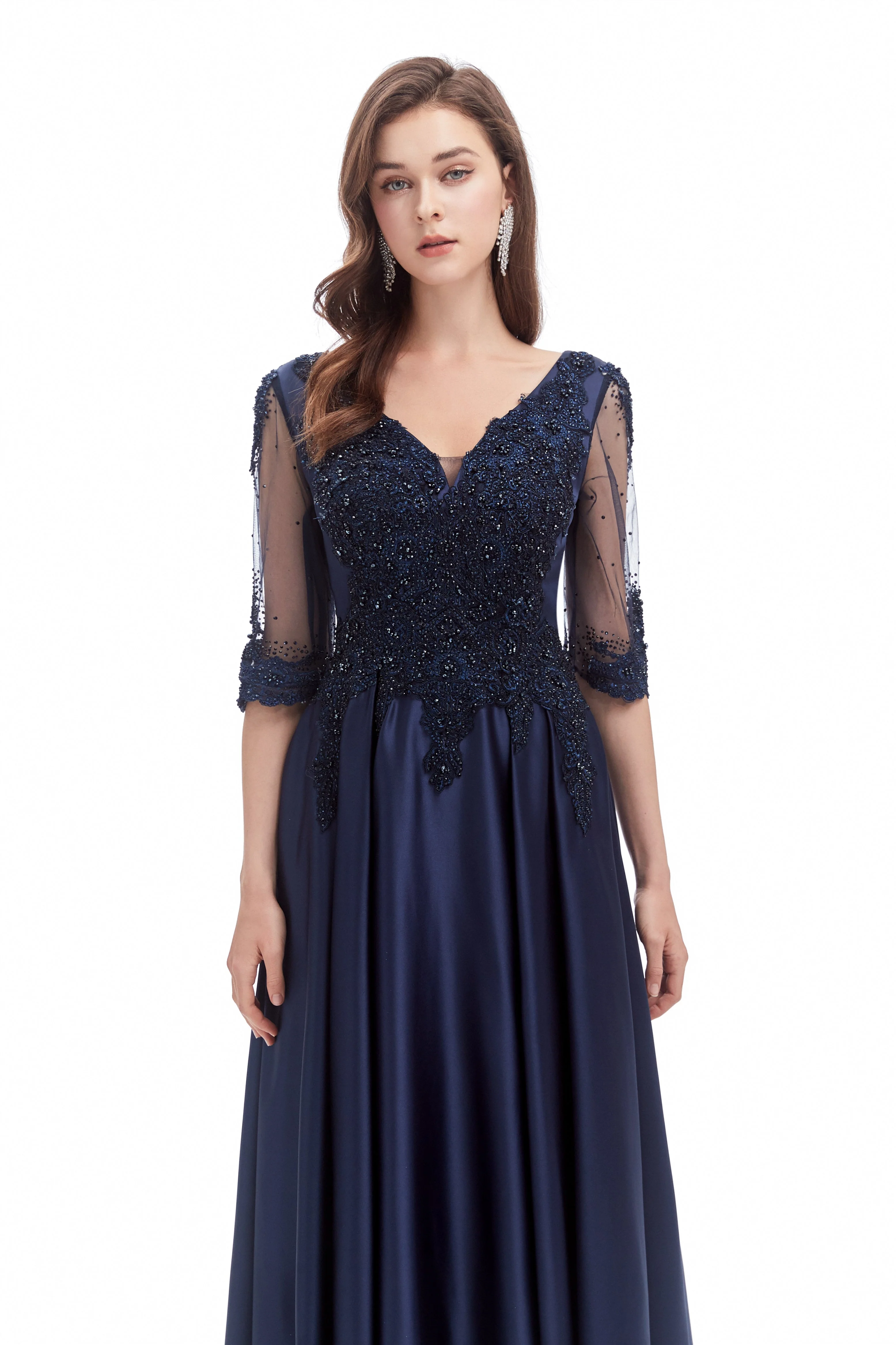 Mermaid V-neck Sequined Beaded Floor-length Half Sleeves Appliques Lace Prom Dress - Image 6